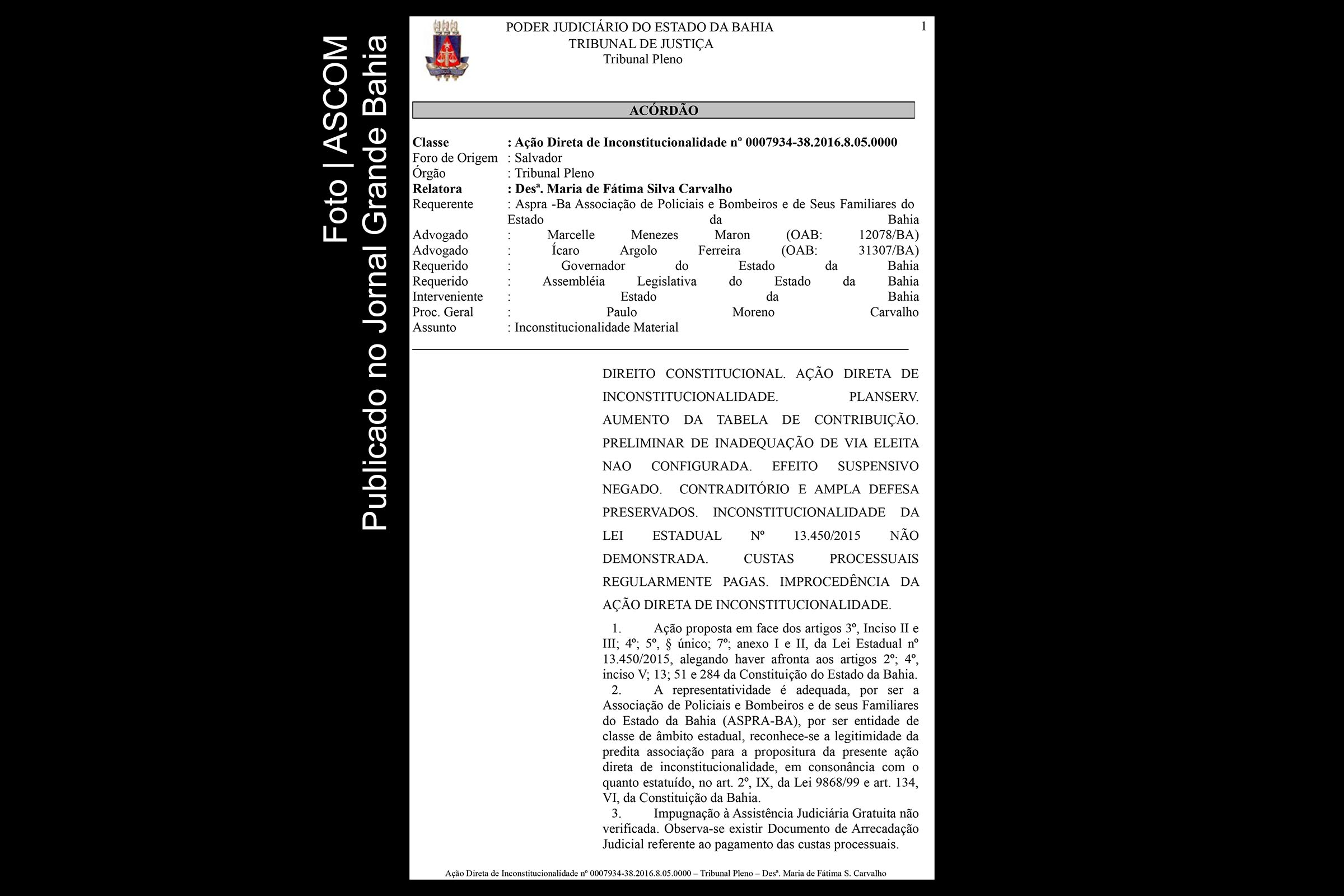 Página 1 do Acórdão do TJBA nega provimento à ADIN da Lei Estadual nº 13.450/2015.