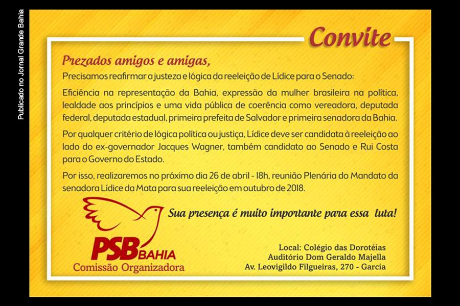 Convite da reunião plenária do PSB Bahia com a senadora Lídice da Mata.