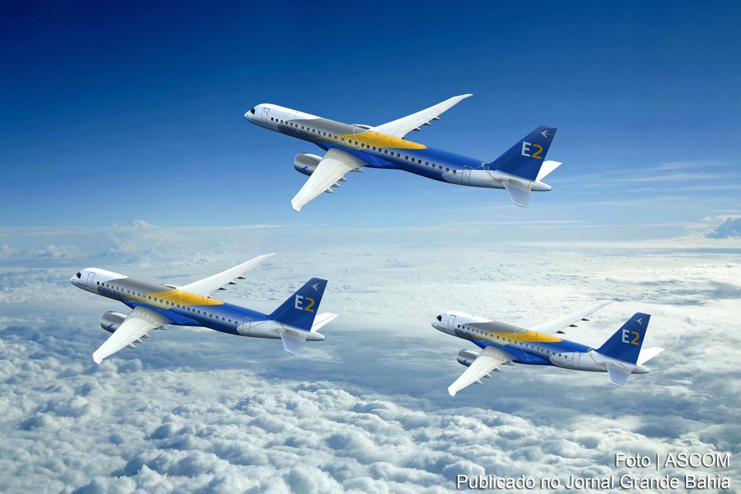 Aviões da Embraer modelo E195-E2. Empresa possui alta tecnológica no setor aéreo e domina setores da economia aeronáutica.