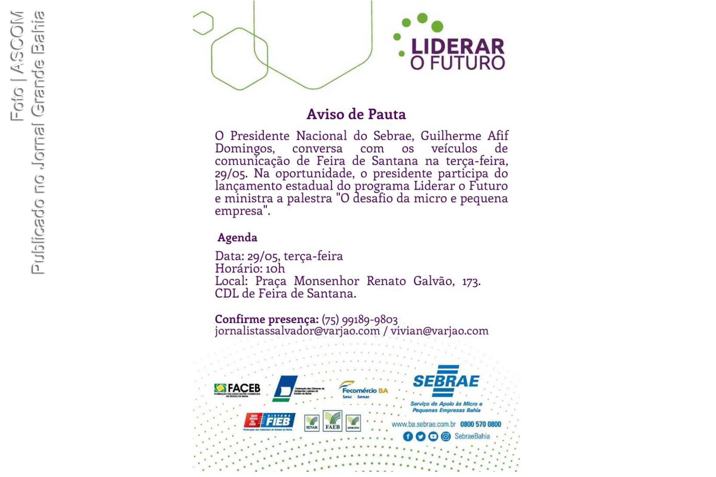 Cartaz anuncia coletiva de imprensa com Guilherme Afif Domingos, palestra e lançamento do programa Liderar o Futuro.