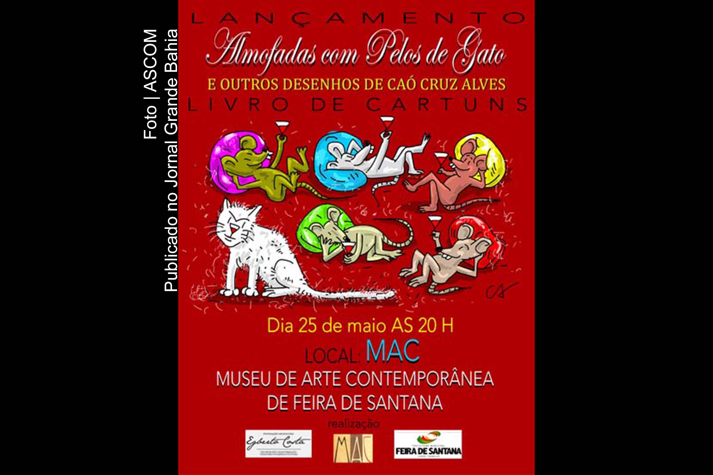 Cartaz de lançamento do livro de cartuns Almofadas Com Pelos de Gato e outros desenhos de Caó Cruz Alves.