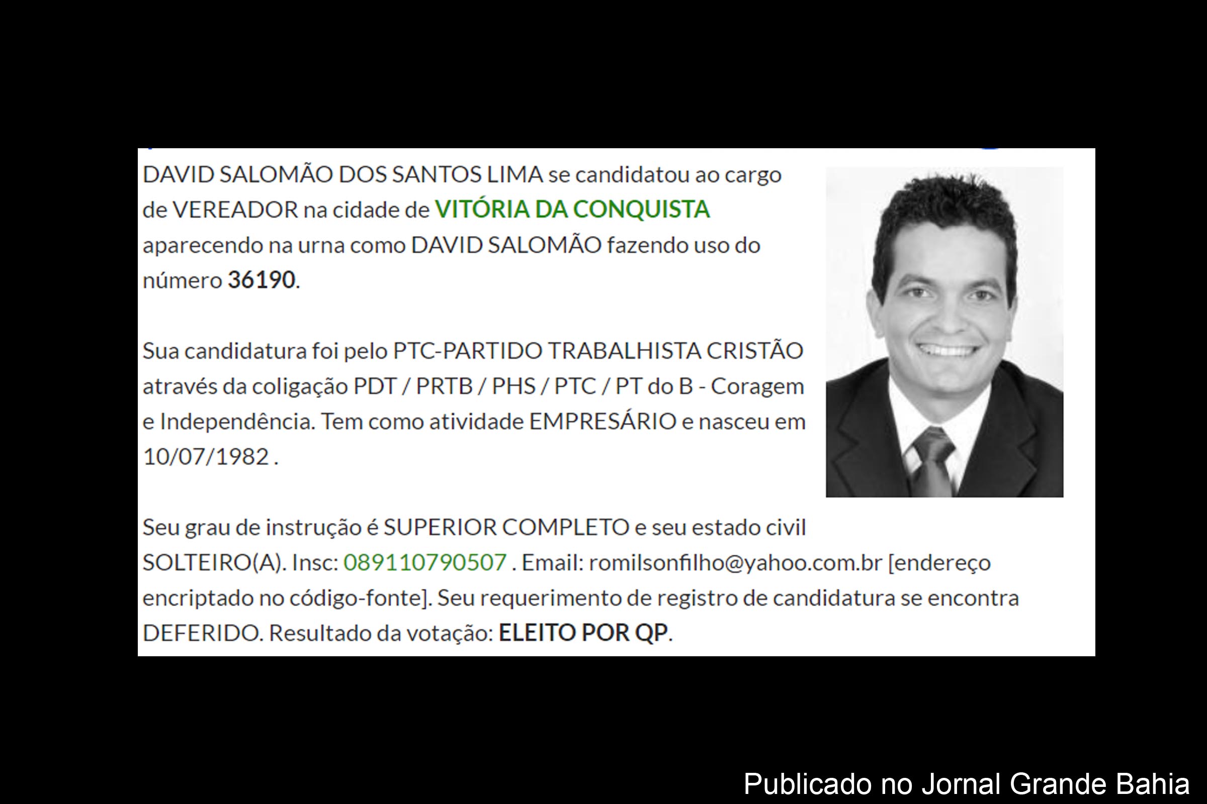 Vereador David Salomão dos Santos Lima é acionado pela PRE.