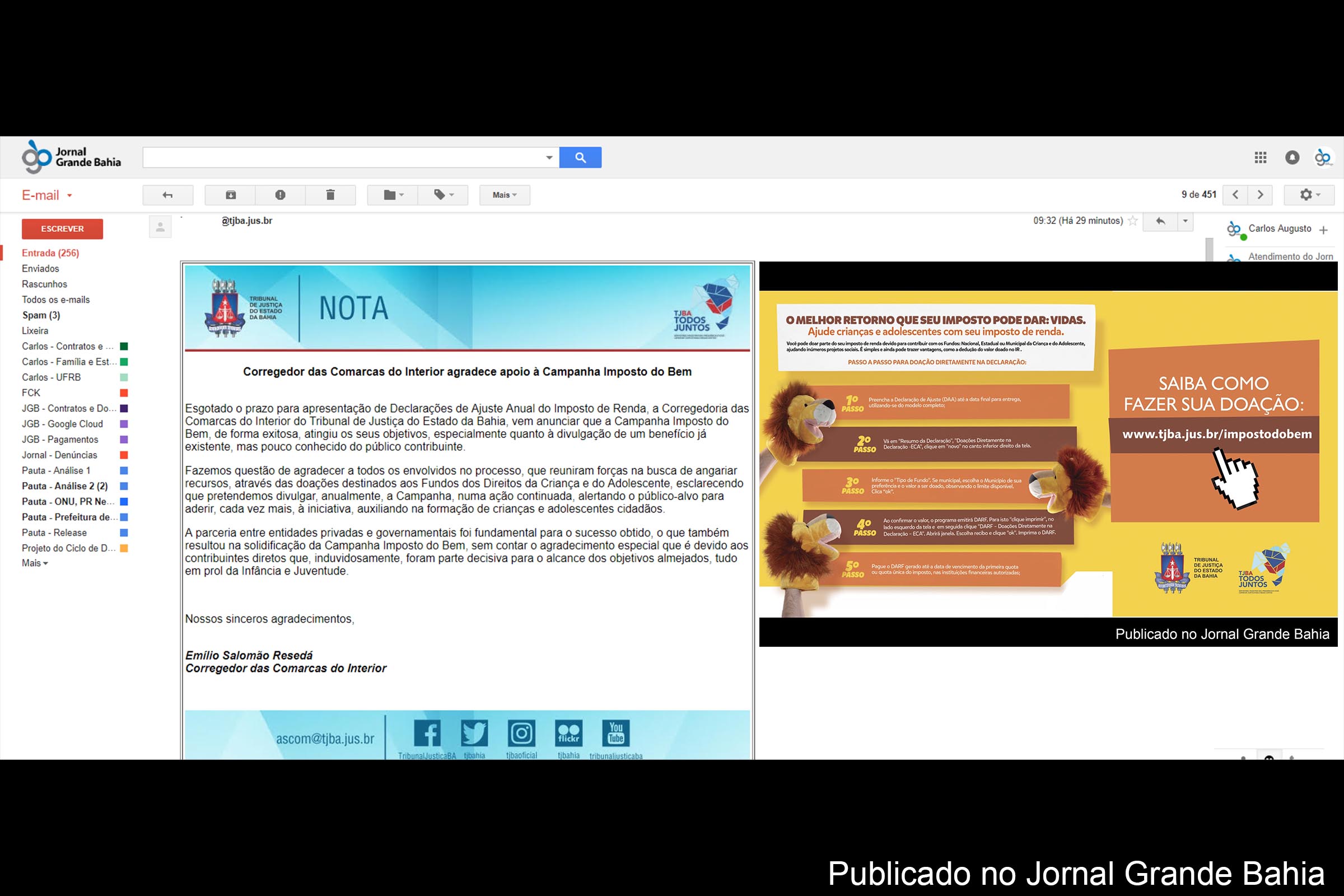 E-mail encaminhado pelo TJBA ao Jornal Grande Bahia (JGB), em agradecimento pelo apoio na divulgação da campanha 2018 do ‘Imposto do Bem’.