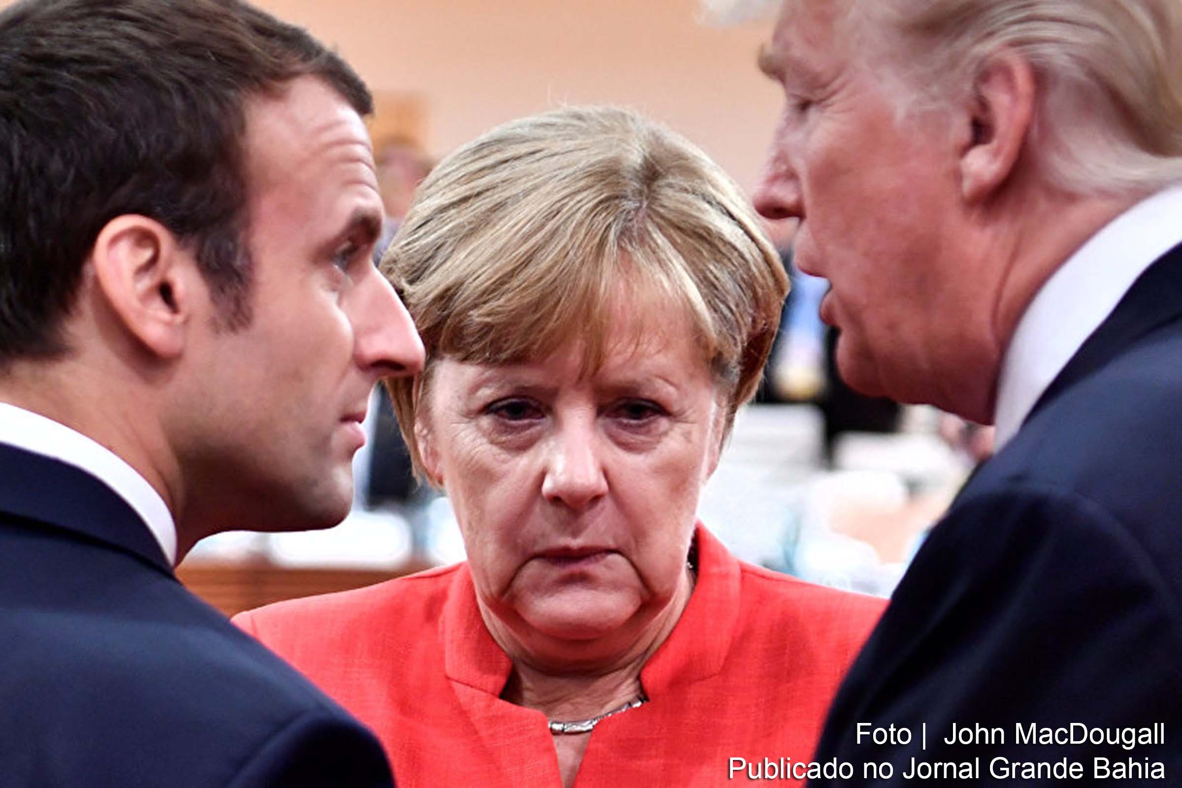 Emmanuel Macron, Angela Merkel e Donald Trump, líderes da França, Alemanha e EUA.