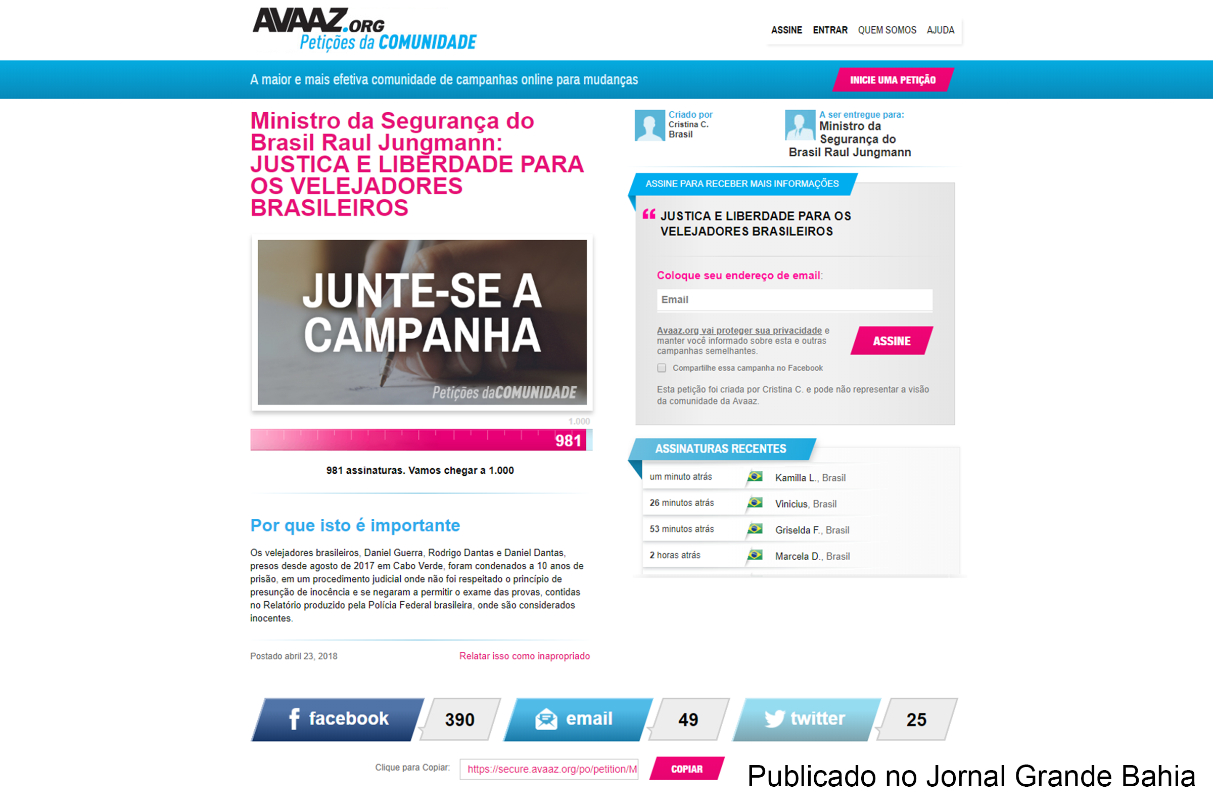 Familiares dos velejadores brasileiros presos em Cabo Verde lançam petição pública em defesa da liberdade
