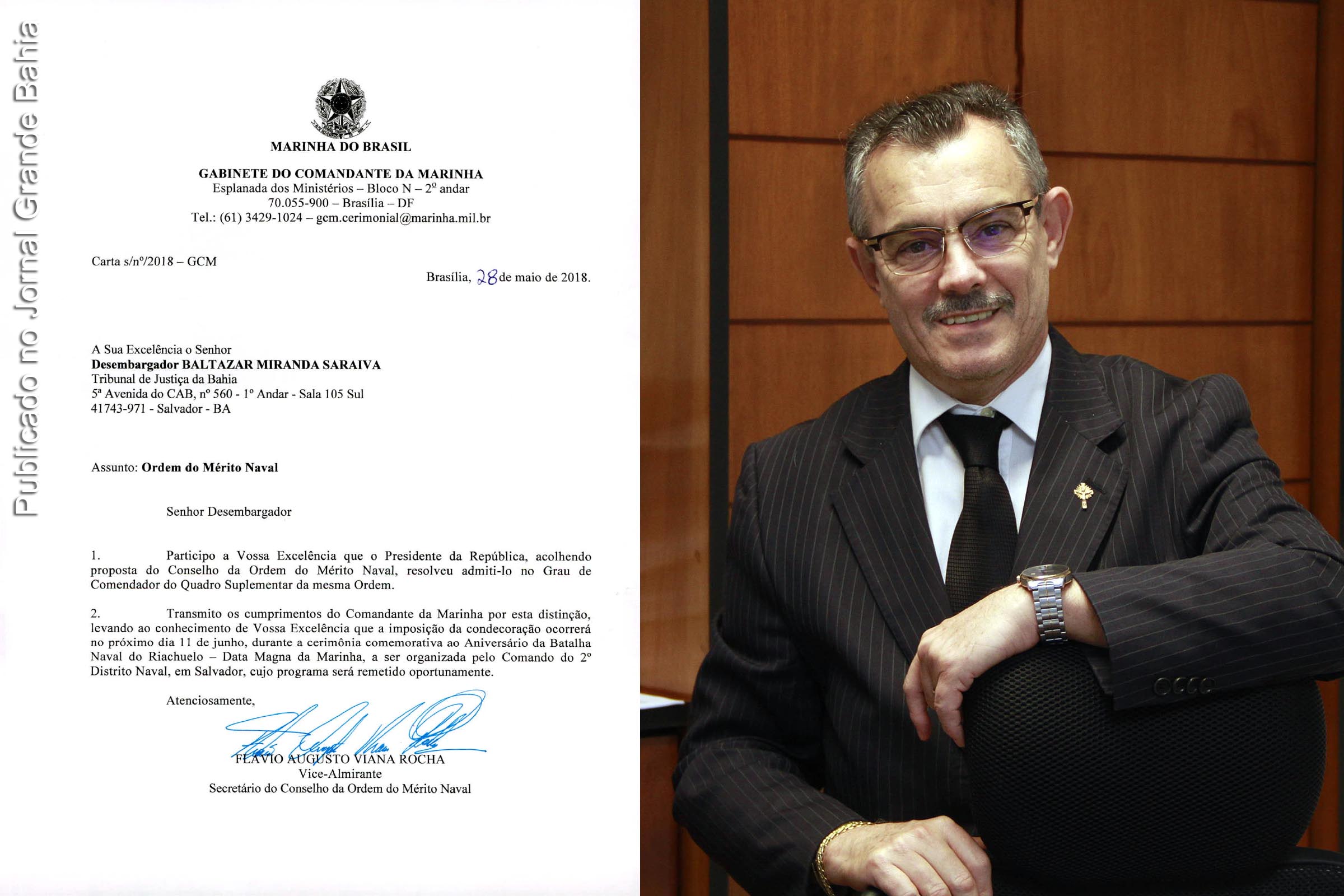 Marinha do Brasil comunica outorga da Ordem do Mérito Naval ao desembargador Baltazar Miranda Saraiva.