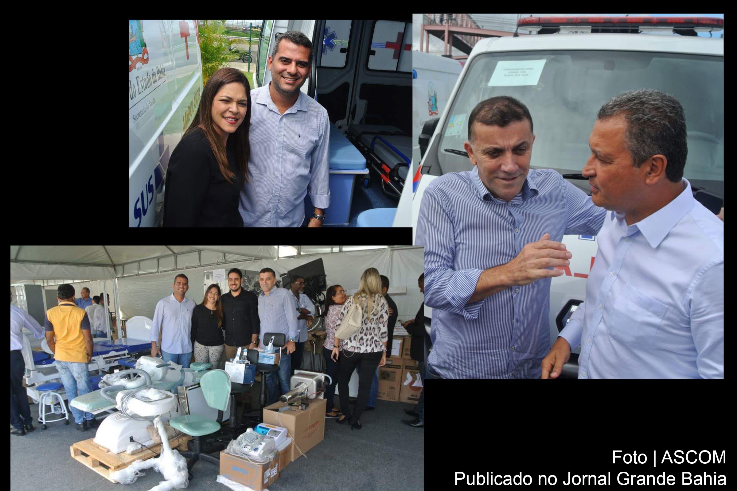 Prefeito Raimundo da Cruz Bastos (Pompílio) e o governador Rui Costa, durante ato de entrega de ambulância e equipamentos odontológicos.