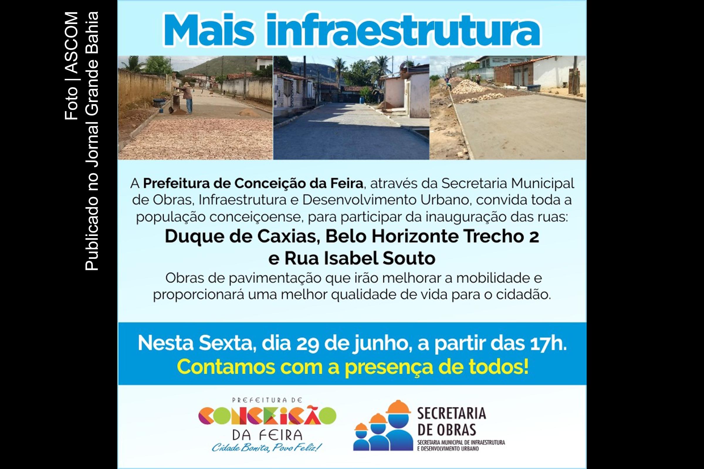 Convite anuncia inauguração de obras de infraestrutura realizadas pela Prefeitura de Conceição da Feira.