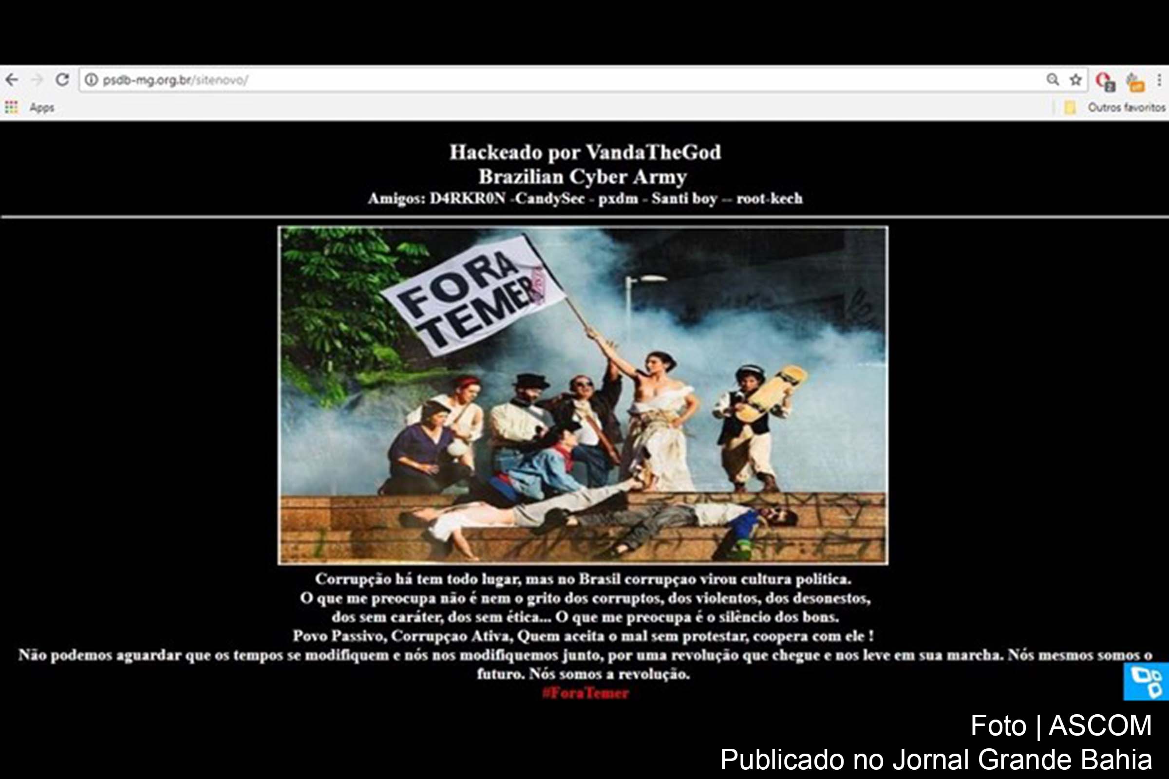 Site do PSDB é hackeado e substituído por campanha ‘Fora presidente Michel Temer’