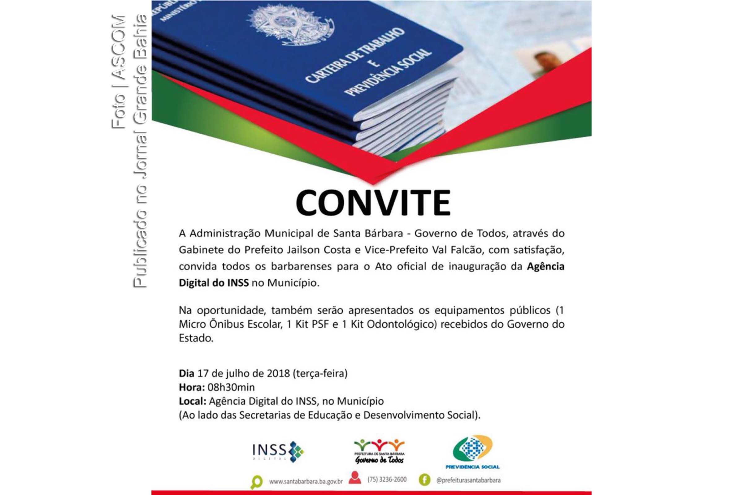 Convite anuncia inauguração da Agência Digital do INSS em Santa Bárbara.