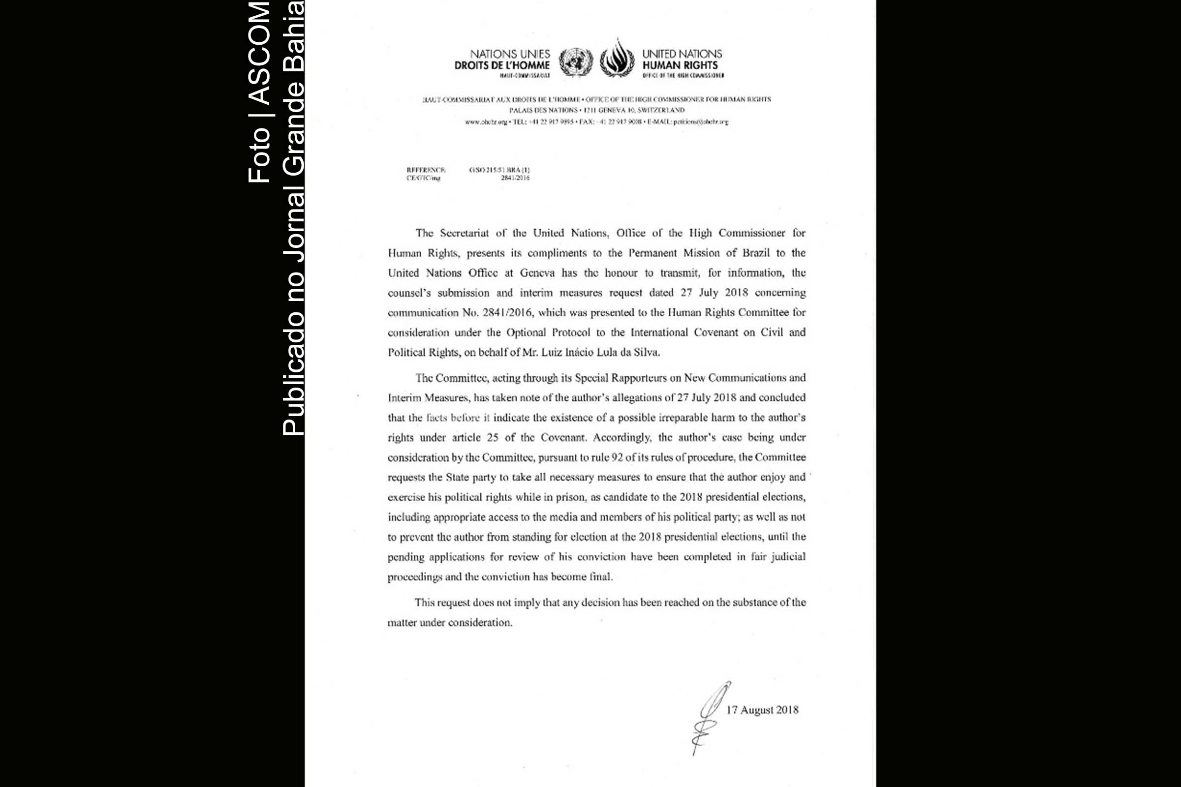 Nota do Comitê de Direitos Humanos das Nações Unidas (ONU) sobre direitos civis do ex-presidente Lula.