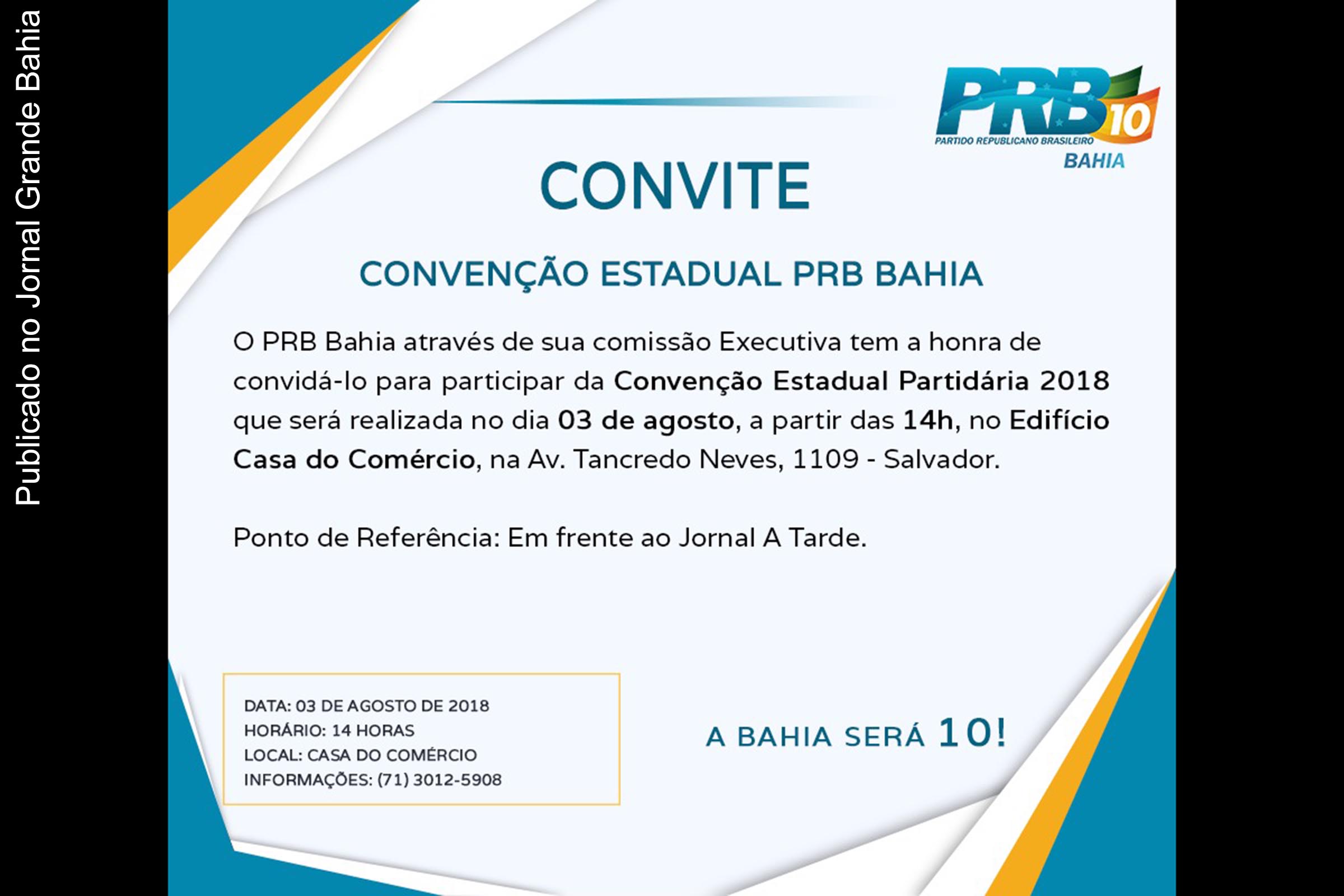 Convite da Convenção Estadual do PRB da Bahia.