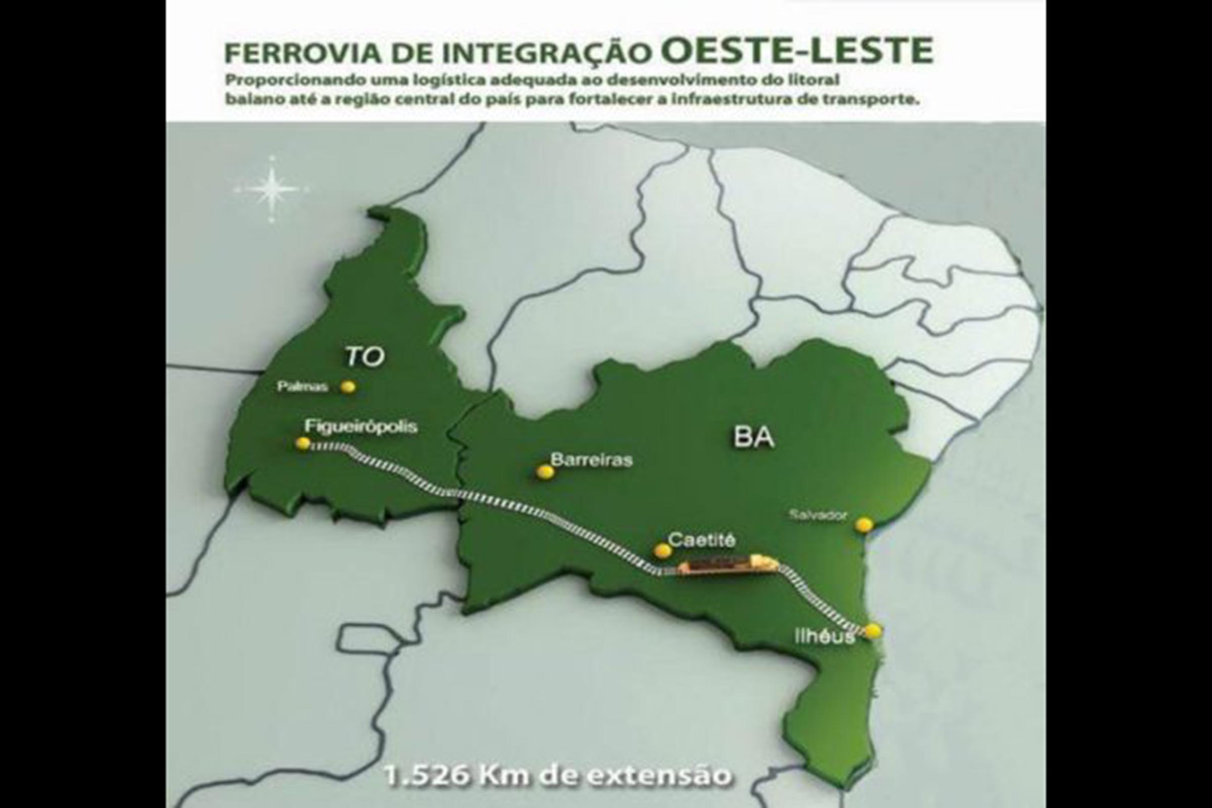 Ilustração do traçado da Ferrovia de Integração Oeste-Leste (FIOL).