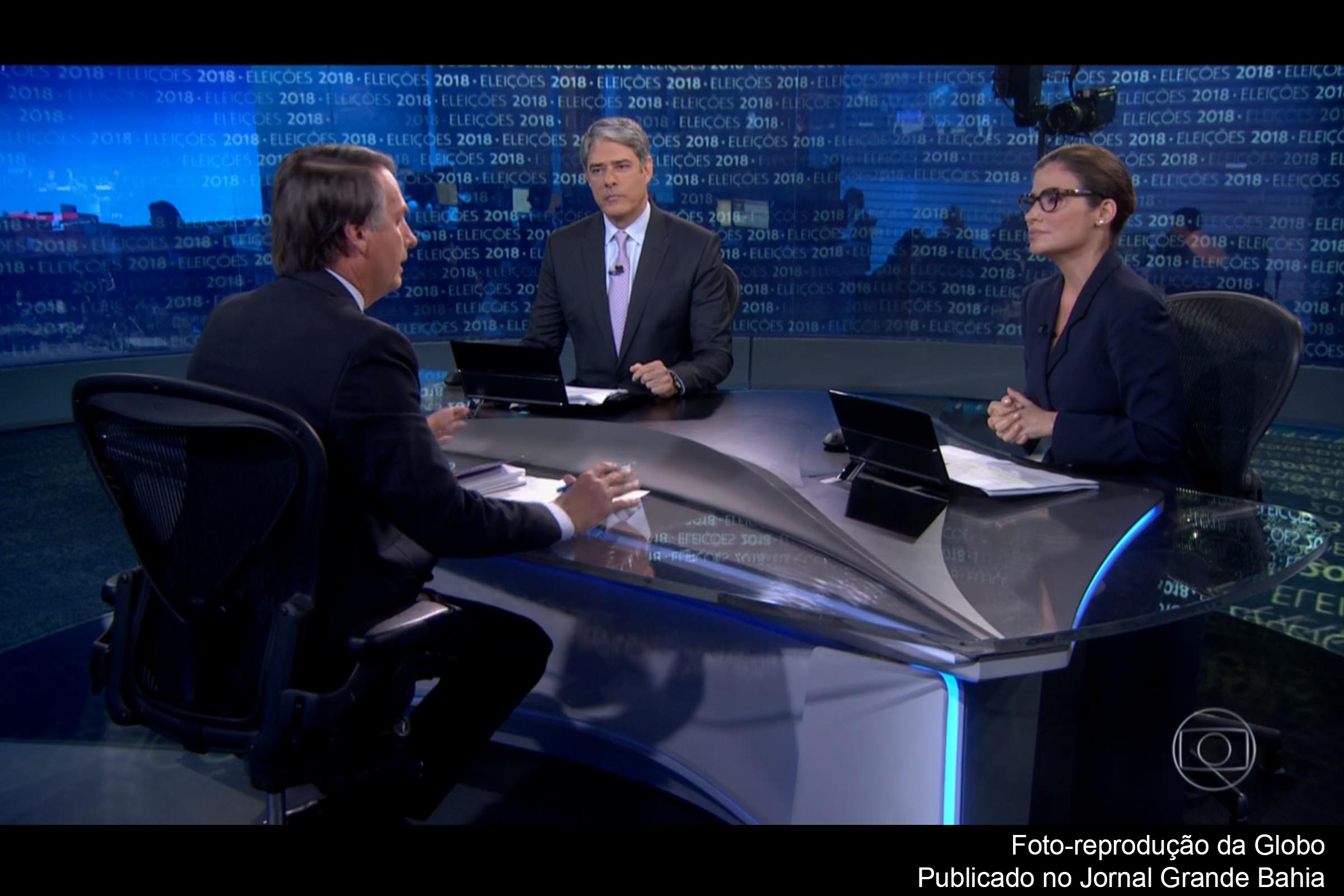 Jair Bolsonaro é entrevistado por William Bonner e Renata Vasconcellos. Ideologia reacionária da Rede Globo contribuiu para a visibilidade de políticos, fascistas, antissemitas, totalitários que expressam ódio de classe.