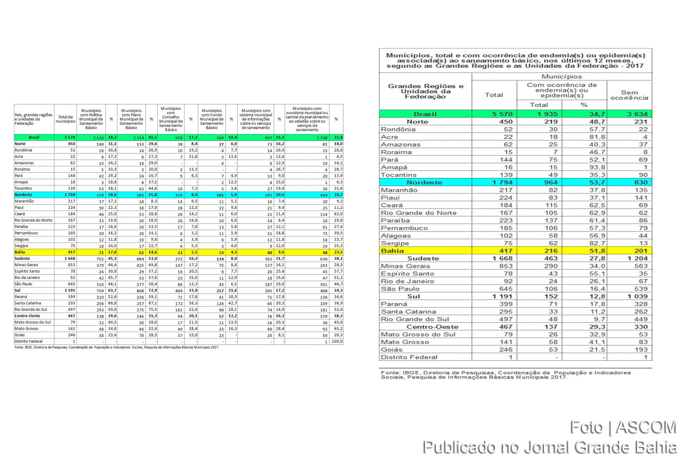Tabela informa municípios, total e com ocorrência de endemias ou epidemias associadas ao saneamento básico, nos últimos 12 meses, segundo grandes regiões e as unidades de federação.