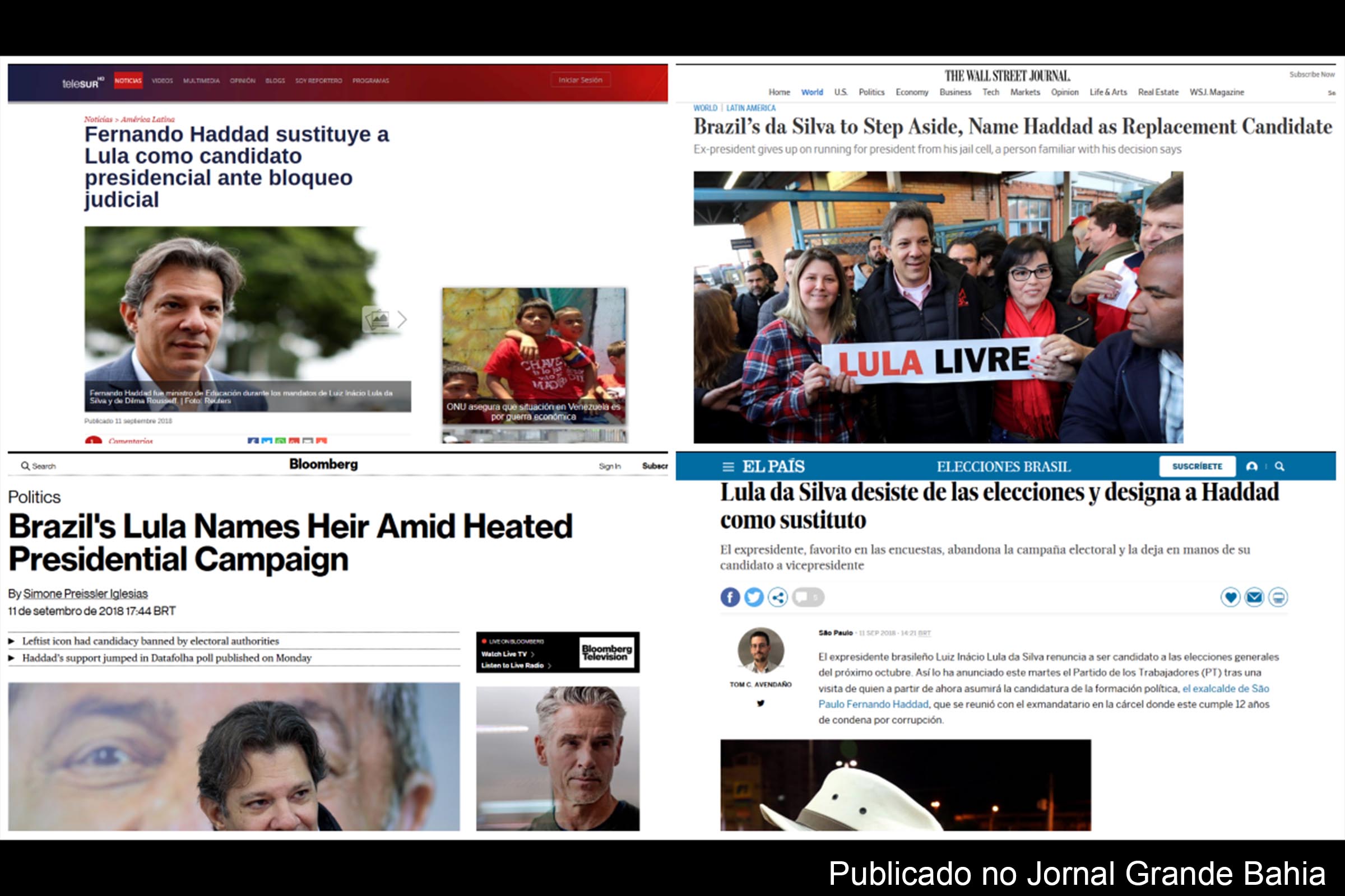 Veículos como Telesur, Wall Street Journal, BBC, Bloomberg e Reuters divulgaram a candidatura de Fernando Haddad à presidência da República, ressaltando batalha jurídica de Lula.