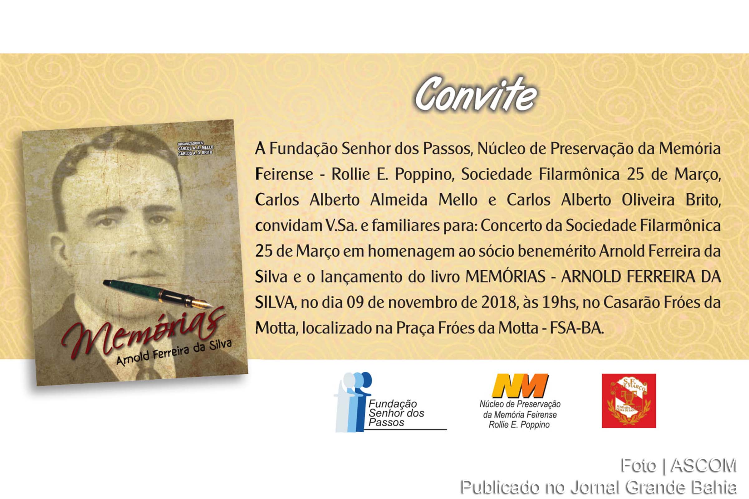 Convite anuncia concerto musical e lançamento de livro em homenagem a Arnold Silva.
