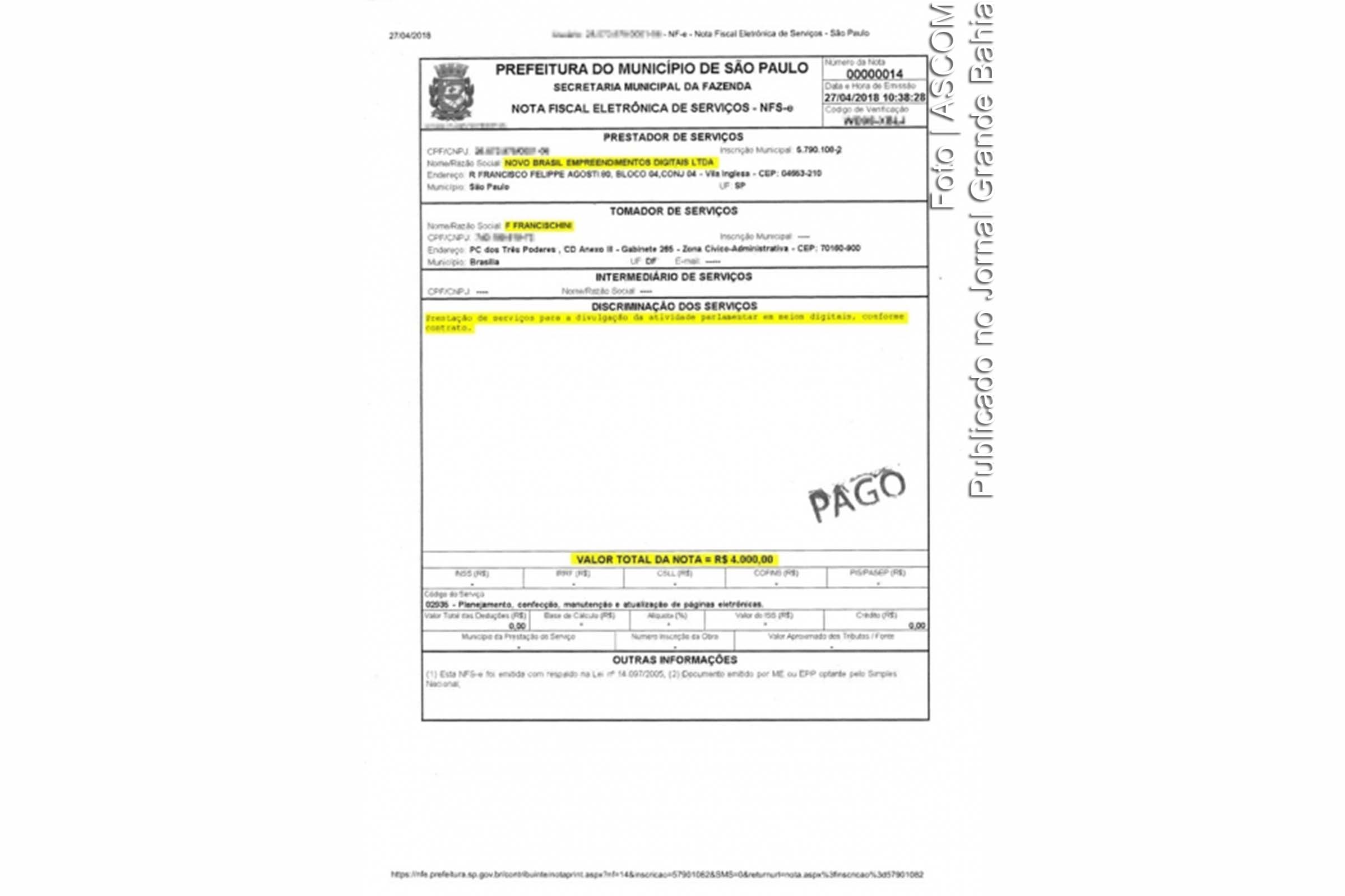 Documento fiscal comprova financiamento de 'Fake News'.