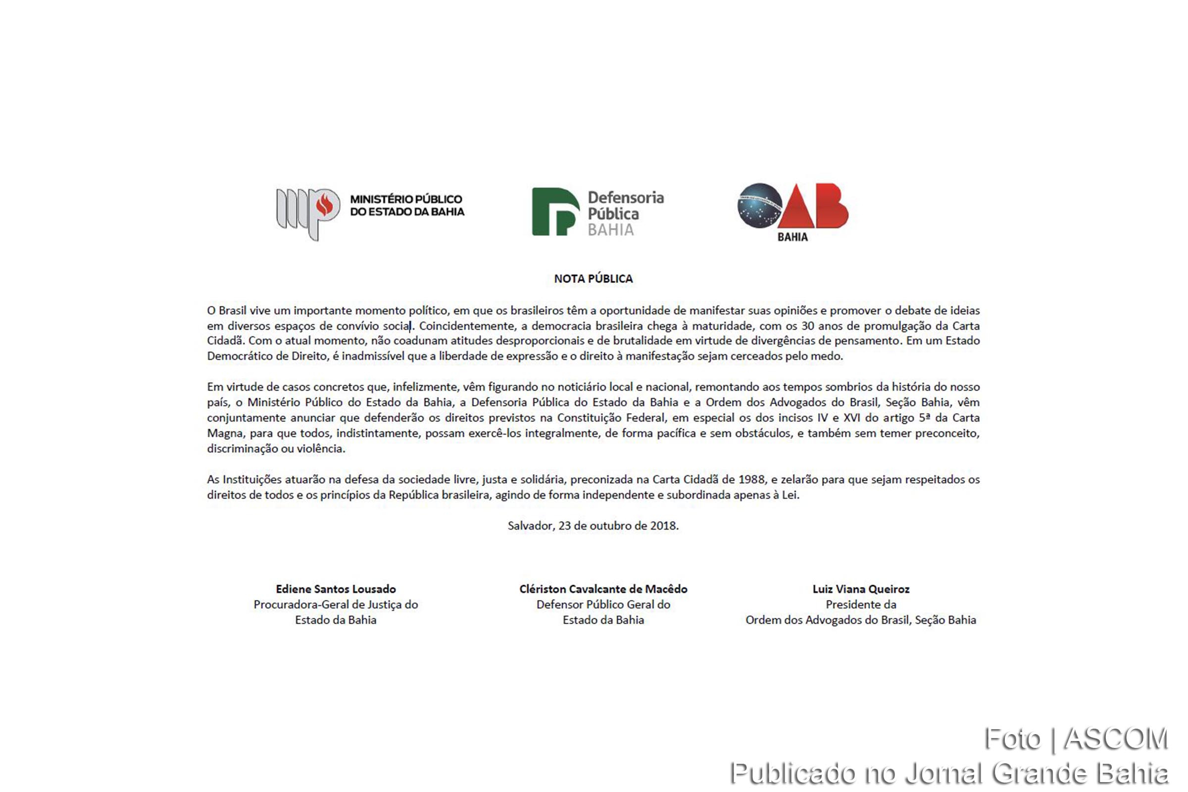 Nota conjunta do Ministério Público, Defensoria e OAB na Bahia em defesa da liberdade de expressão.