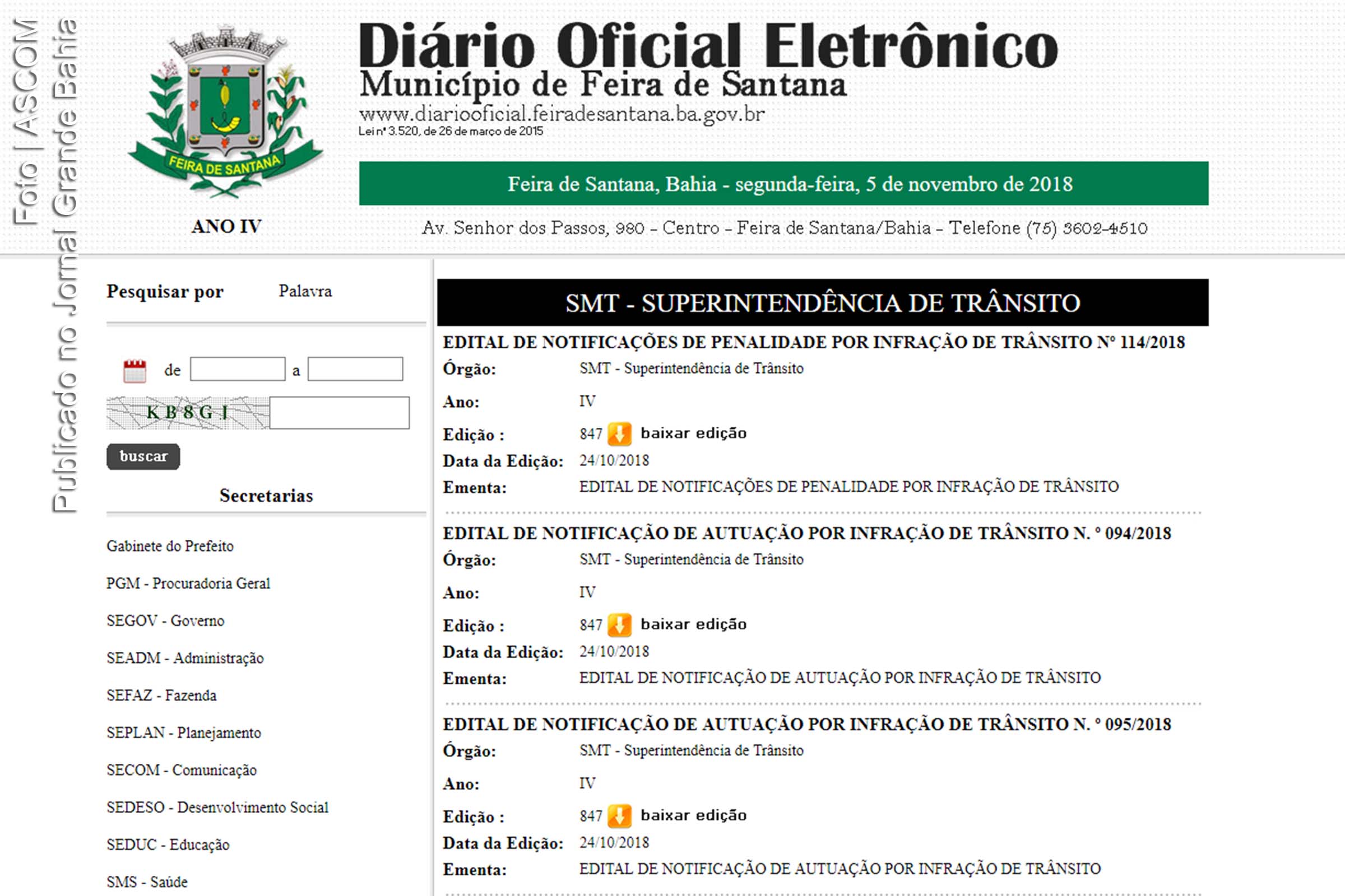 Atos da SMT publicados no Diário Oficial Eletrônico de Feira de Santana.