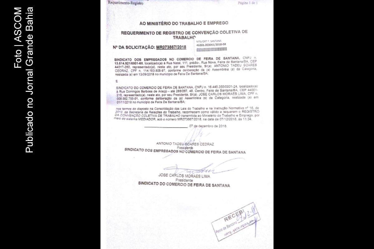 Convenção Coletiva dos Empregados no Comércio de Feira de Santana 2018/2019 foi registrada no Ministério do Trabalho.