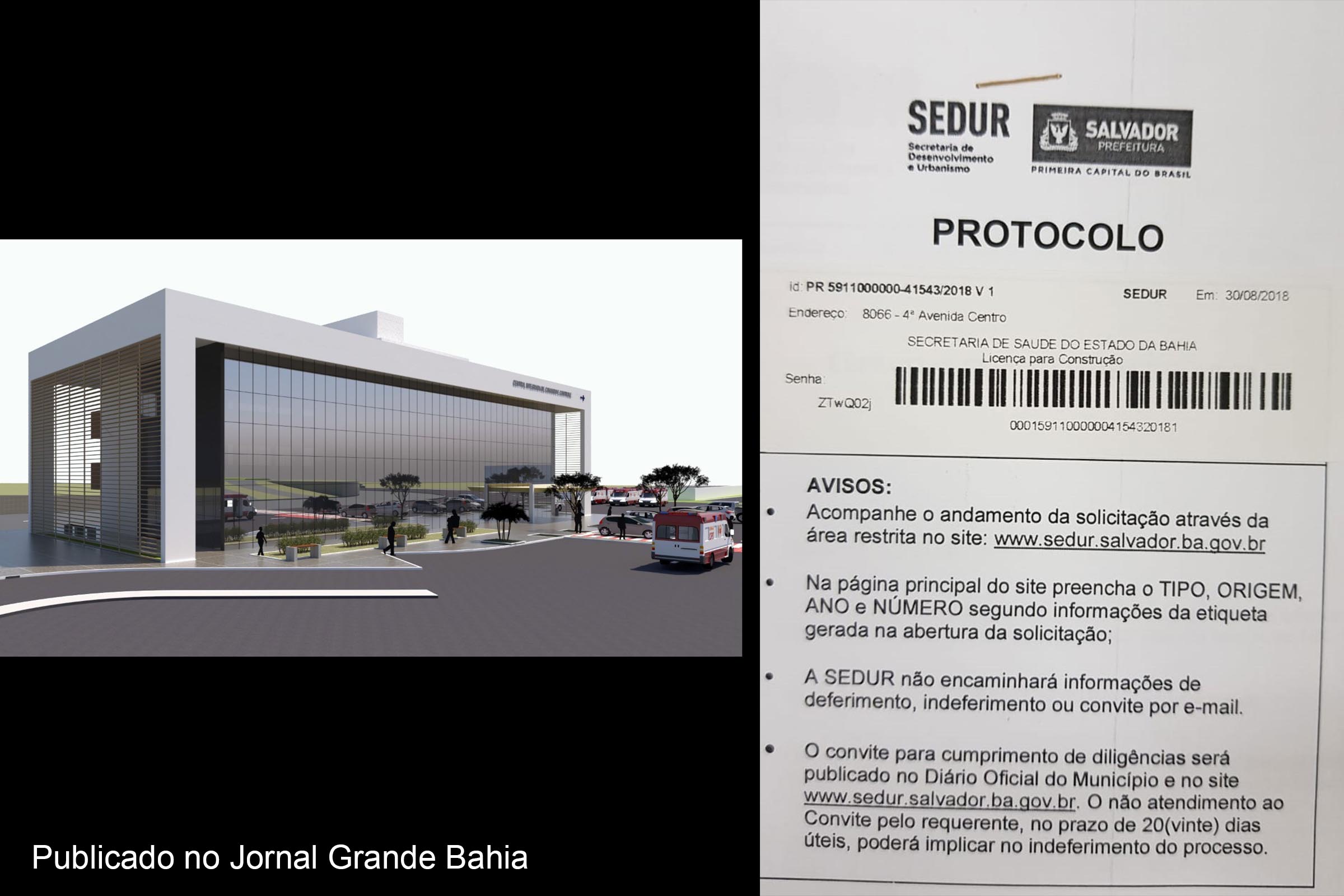 Ilustração da futura Central Estadual de Regulação da SESAB. Prefeitura de Salvador veda construção da edificação destinada ao setor da Saúde, pelo Governo da Bahia.