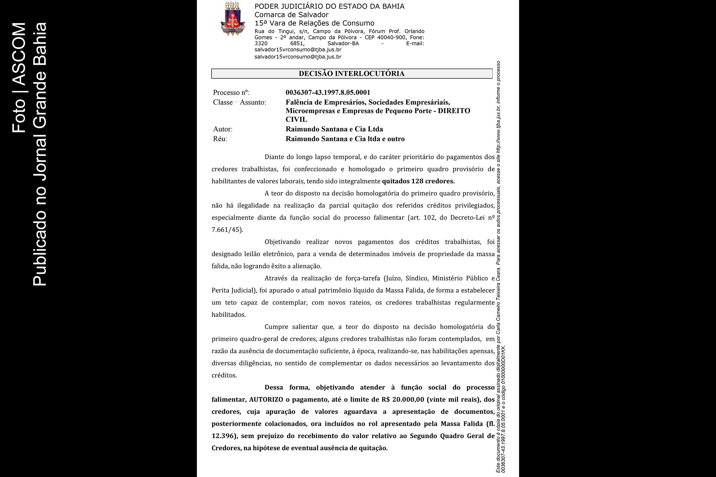 Página 1 da Decisão Interlocutória do Processo da Massa Falida de Raymundo Santana e Cia Ltda (Sapataria Santana).