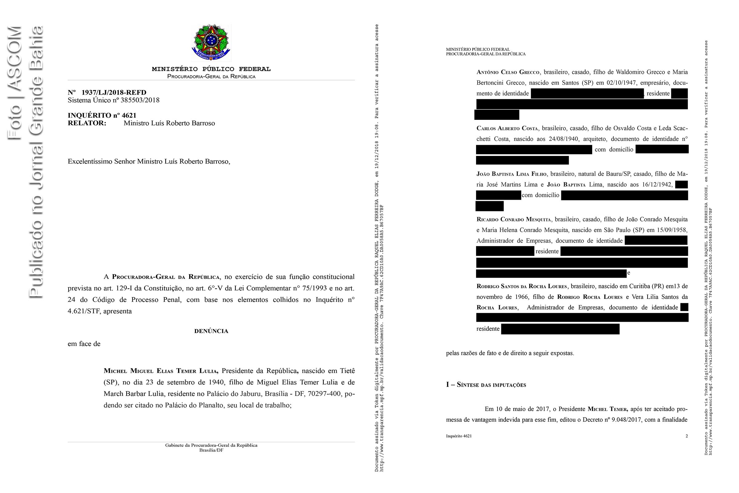 Páginas 1 e 2 da denúncia da PGR contra presidente Michel Temer e outros. Edição de decreto do setor portuário envolveu pagamento de vantagens indevidas ao presidente Michel Temer.