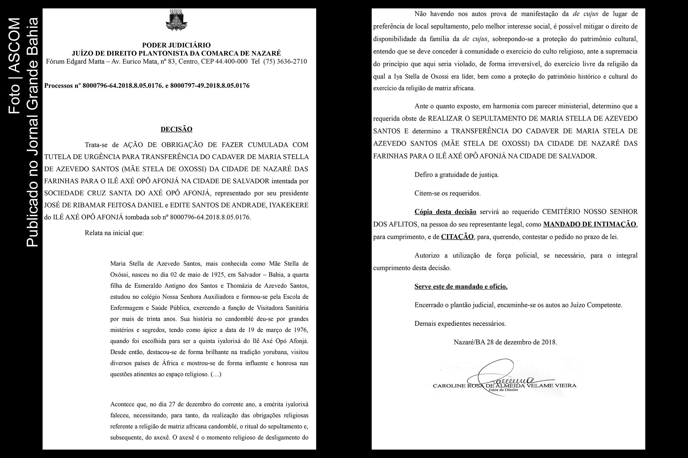 Páginas 1 e 5 da decisão judicial sobre o funeral de Maria Stella de Azevedo dos Santos (Mãe Stella de Oxóssi).
