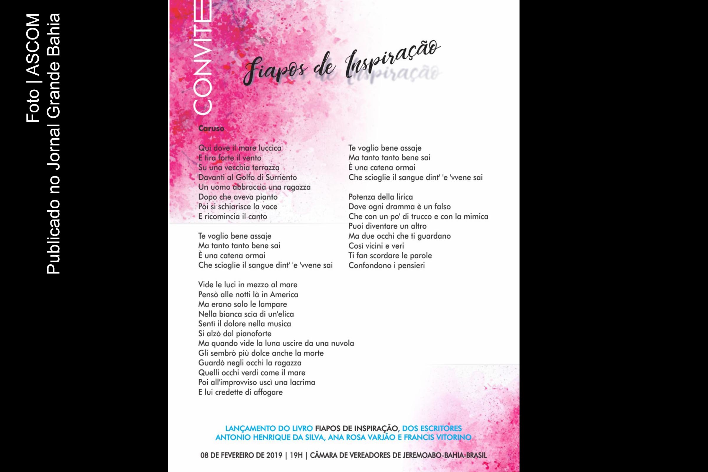 Convite de lançamento do livro 'Fiapos de Inspiração’.