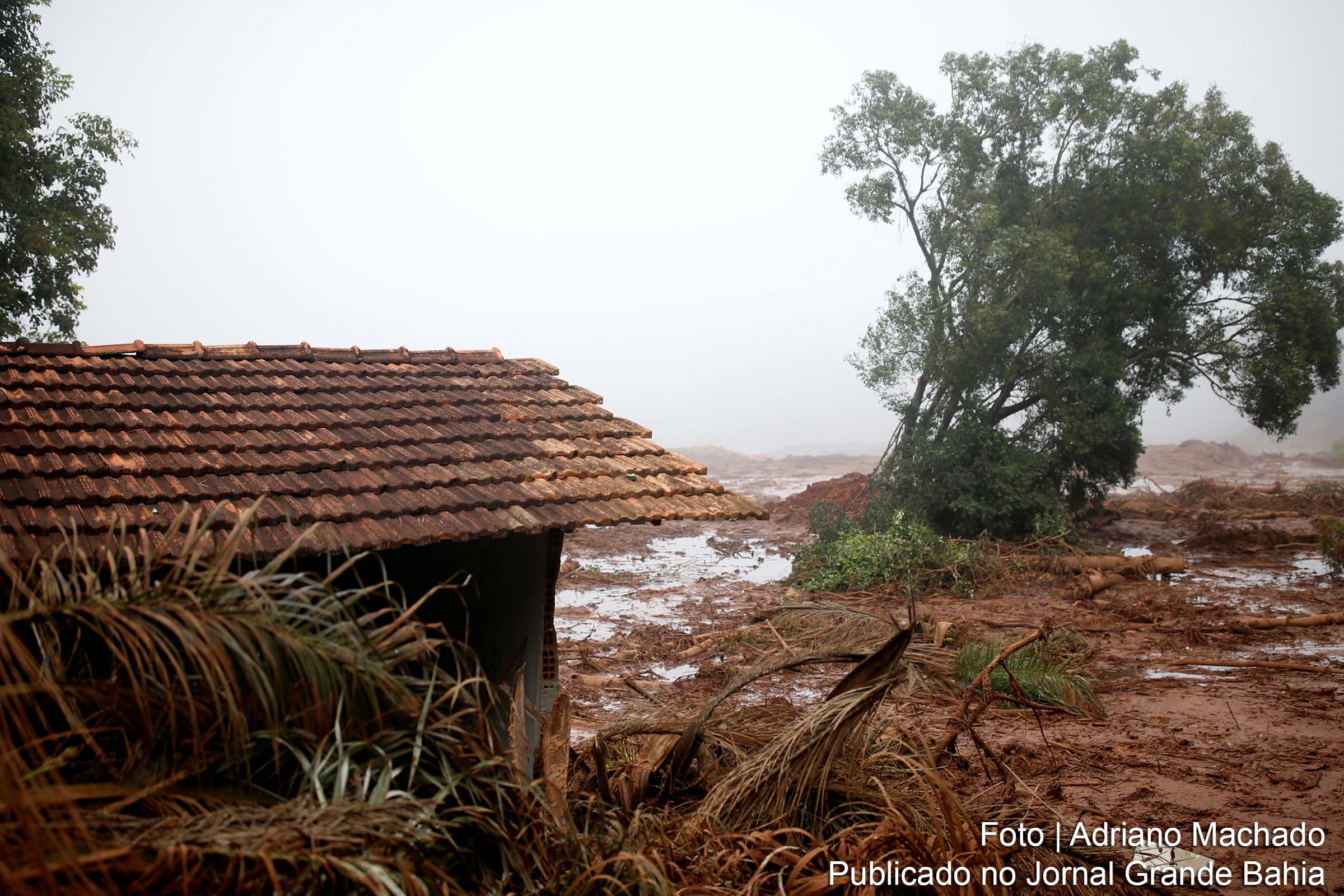 Imagem apresenta vista panorâmica do dano ambiental causado pelo rompimento da barragem da Mina Córrego do Feijão, de propriedade da empresa Vale, situada em Brumadinho, Minas Gerais. Degradação ambiental compromete Rio Paraopeba. Tragédia é avaliada como um ato de genocídio contra a população e a natureza.