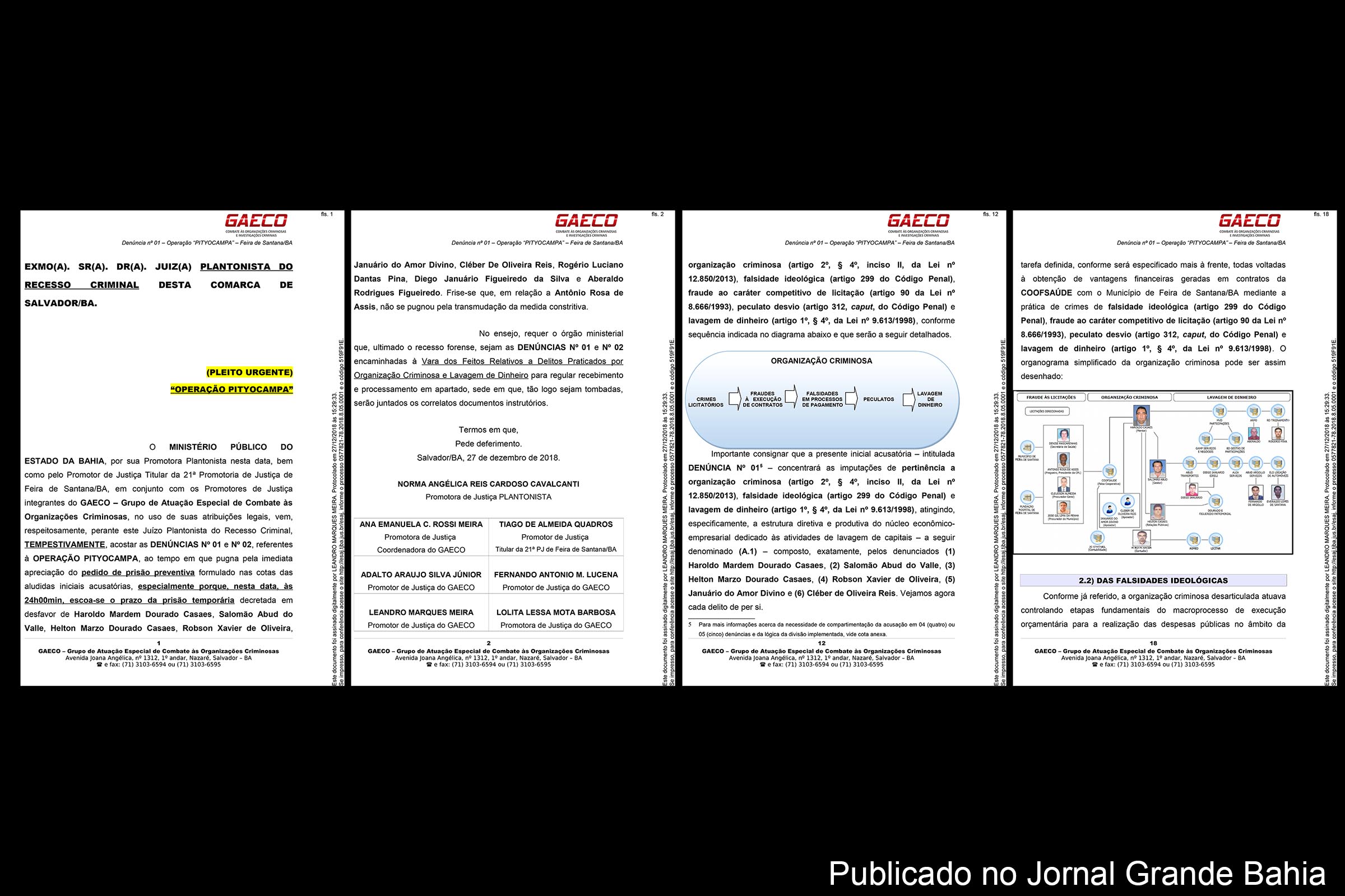 Páginas 1, 2, 12 e 18 da denúncia do MP formulada contra Haroldo Mardem Dourado Casaes e outras 10 pessoas, no âmbito do Caso Pityocampa. Corrupção e desvio de recurso público envolve COOFSAÚDE e o Município de Feira de Santana.