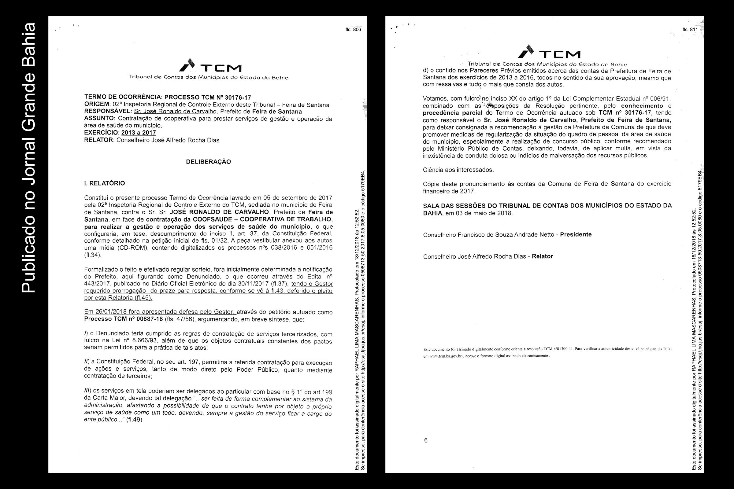 Páginas 1 e 2 da deliberação do TCM Bahia sobre Caso COOPERSADE, José Ronaldo, Denise Mascarenhas e Cleudson Santos.