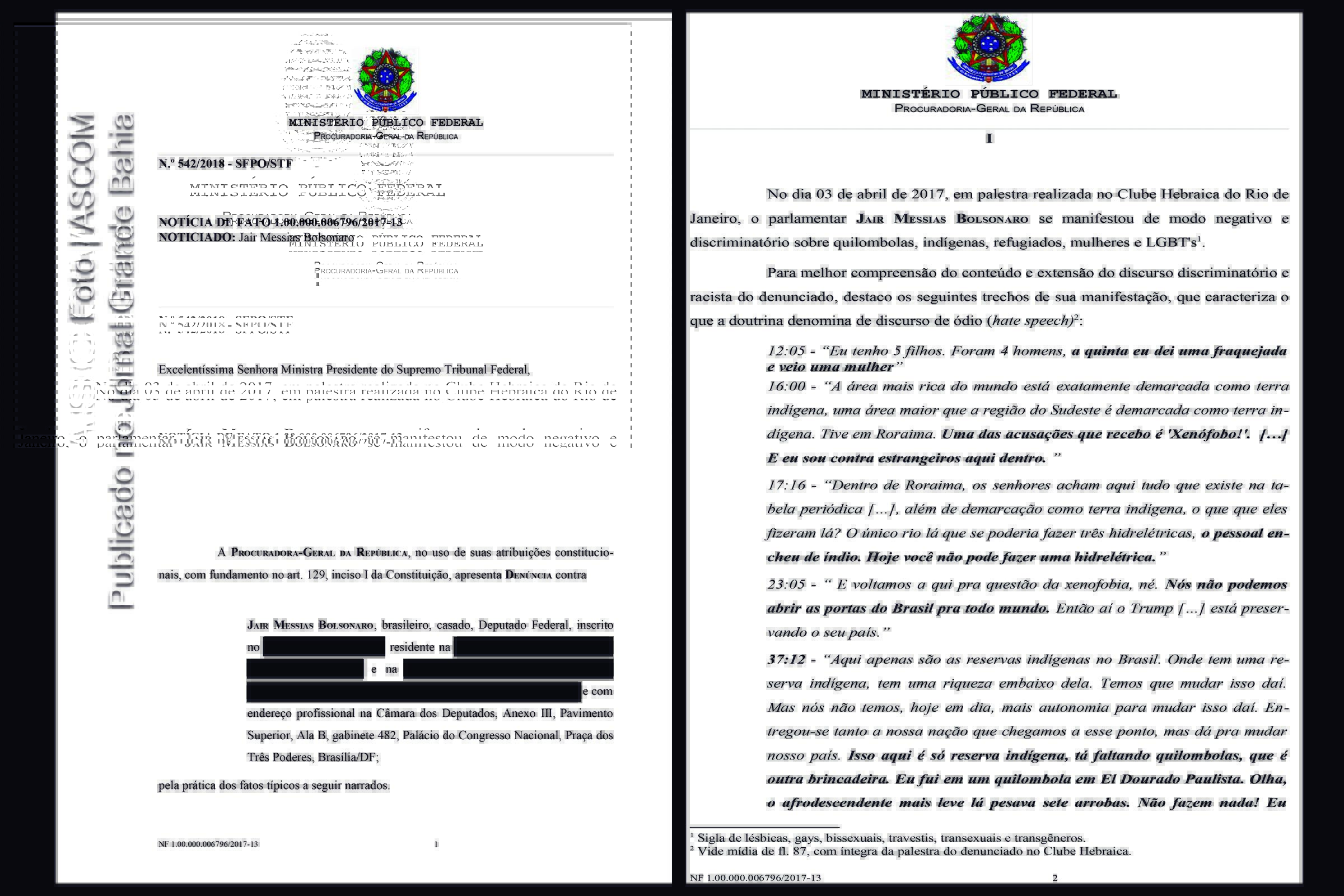 Páginas 1 e 2 da denúncia da PGR contra Jair Messias Bolsonaro.