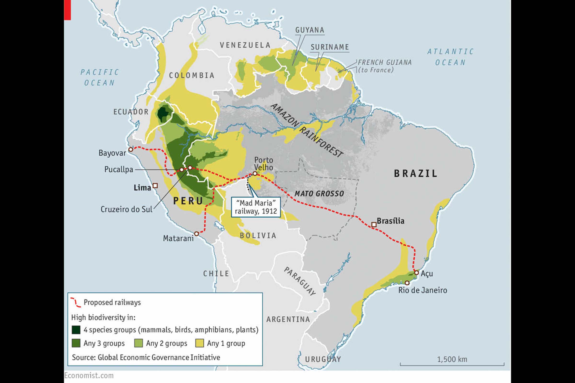 Mapa ilustra traçado da Ferrovia Transoceânica.