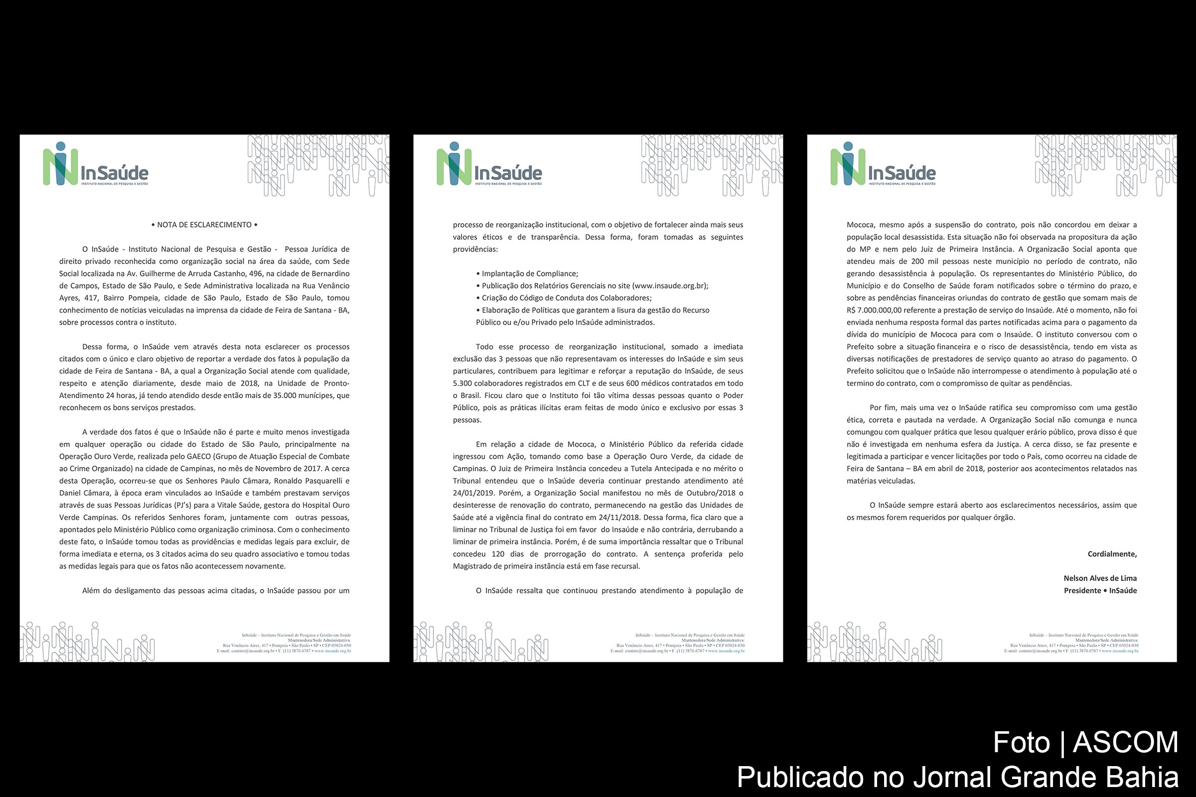 Nota de esclarecimento do Instituto Nacional de Pesquisa e Gestão (InSaúde) sobre rumores na imprensa de Feira de Santana, emitida em 29 de janeiro de 2019.