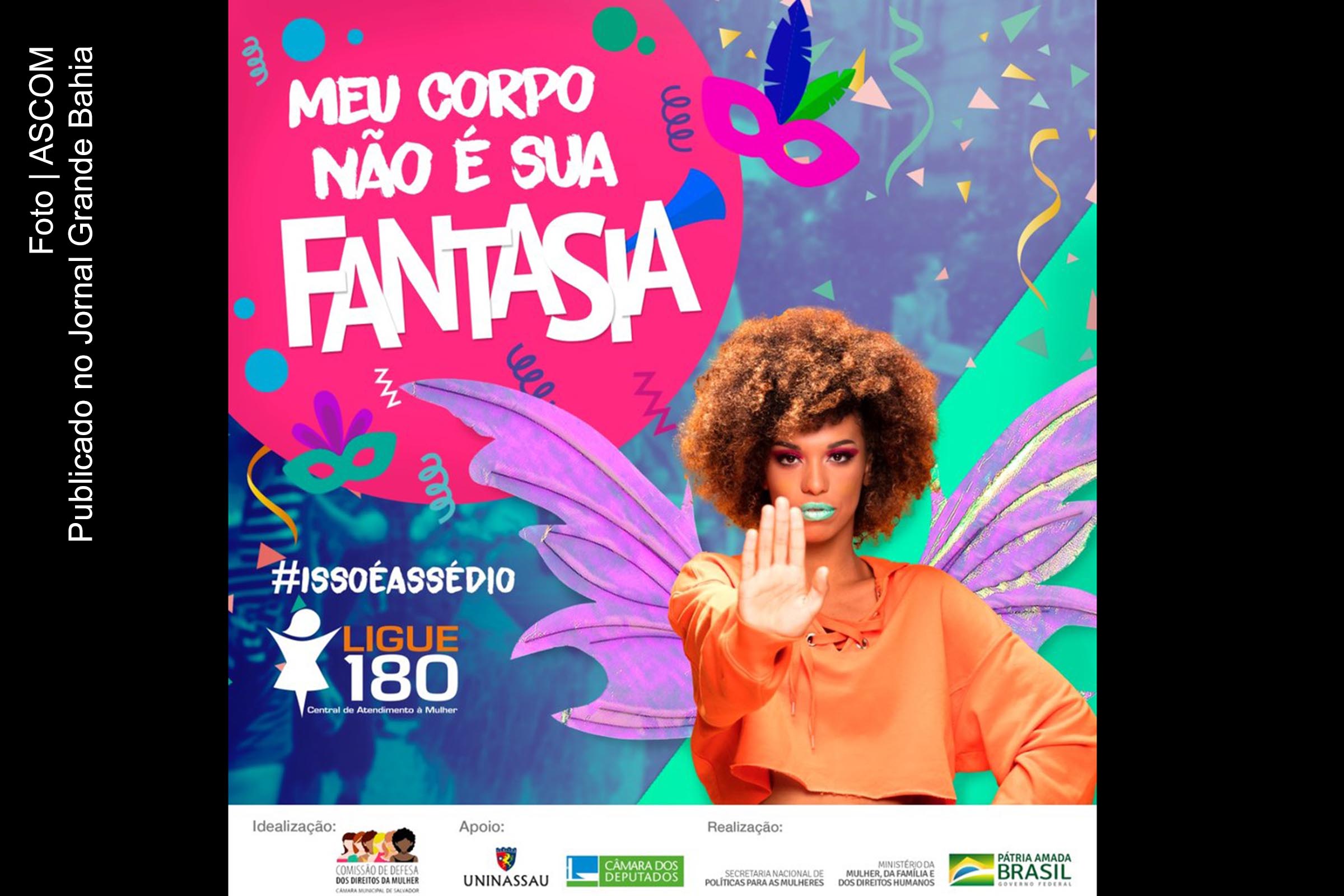 Cartaz da campanha de conscientização da violência contra a mulher aborda tema 'Importunação Sexual'.