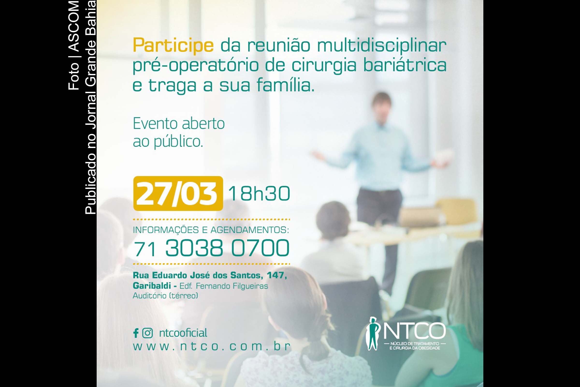 Cartaz anuncia encontro aberto sobre beneficios e riscos da cirurgia bariátria.