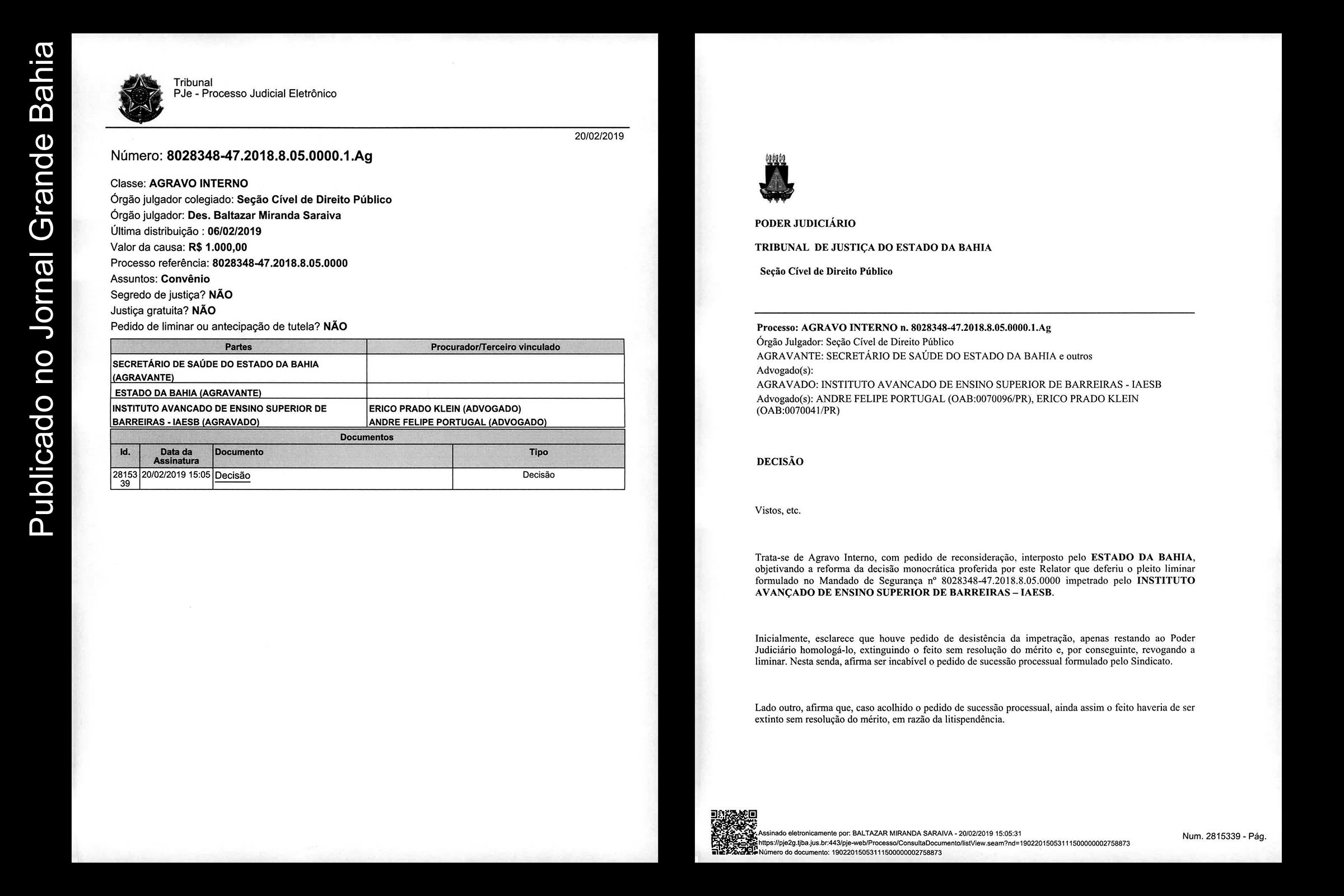 Paginas 1 e 2 da decisão liminar que suspende cobrança indevida das taxas de estágio dos universitários do setor da saúde da Bahia.