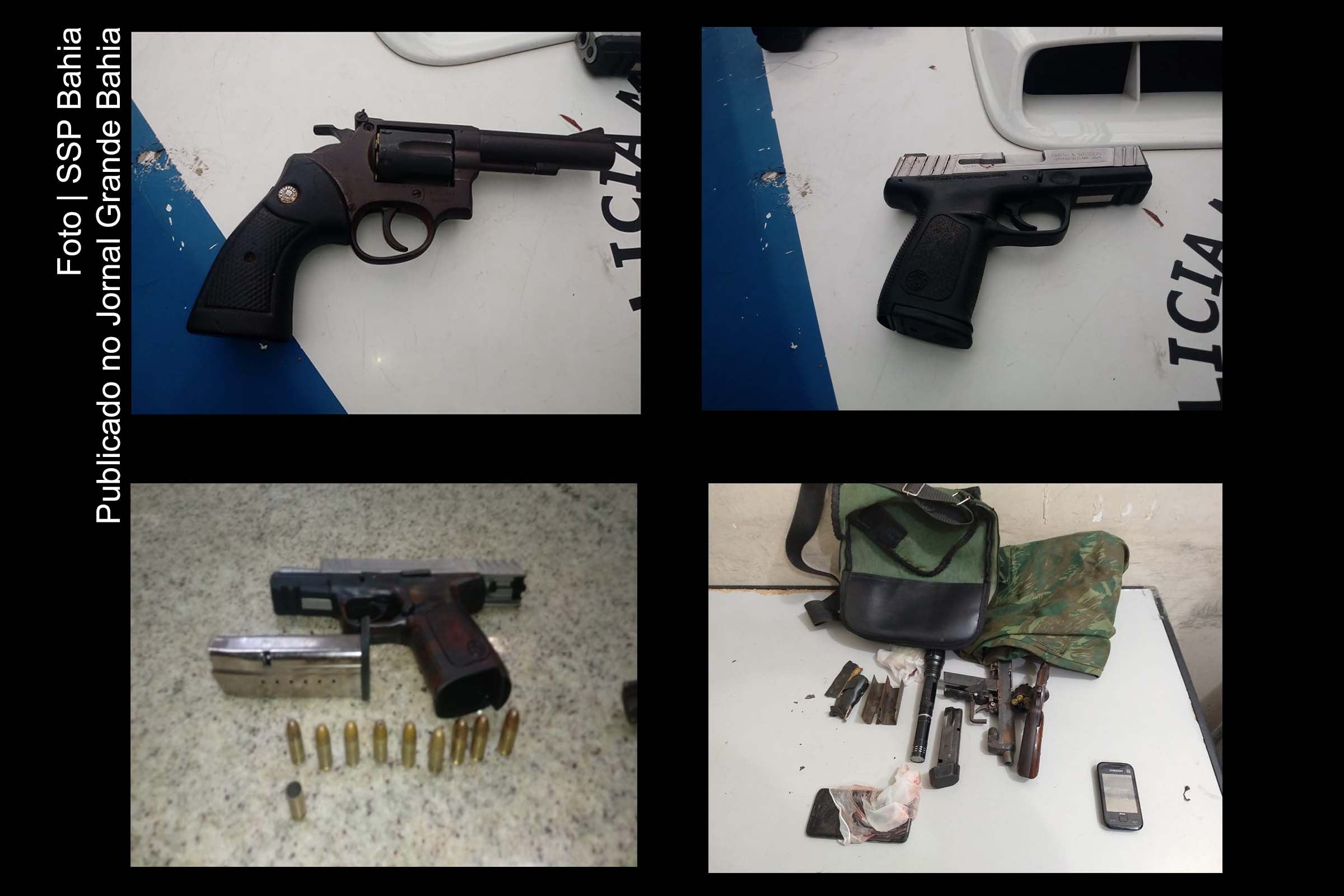 Uma pistola calibre 45, um revólver calibre 38, carregador e munições foram apreendidos pela Polícia Militar da Bahia.