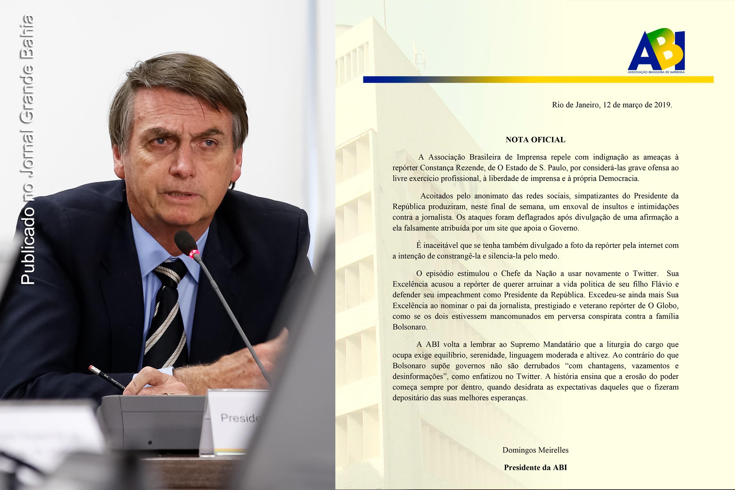 Presidente Jair Bolsonaro é criticado pela ABI.