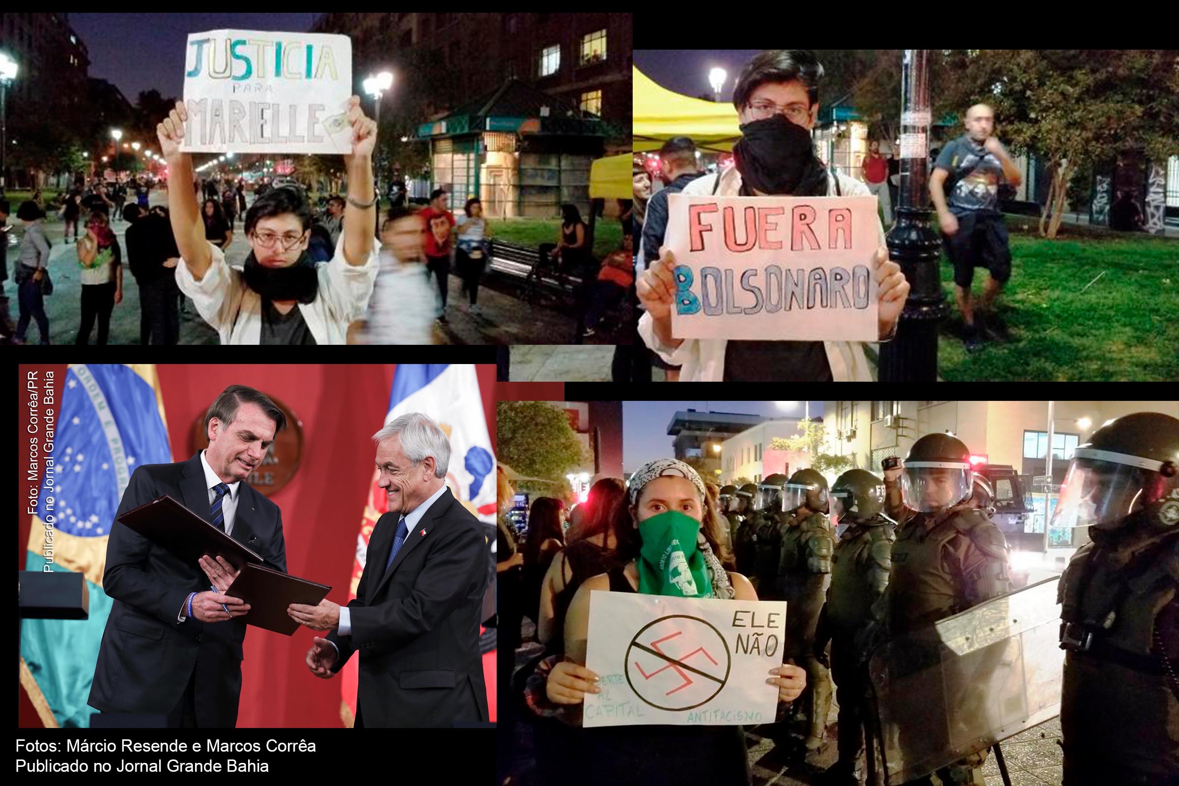 Cidadãos protestam no Chile contra visita de Jair Bolsonaro (PSL-RJ), presidente do Brasil, em 23 de março de 2019.
