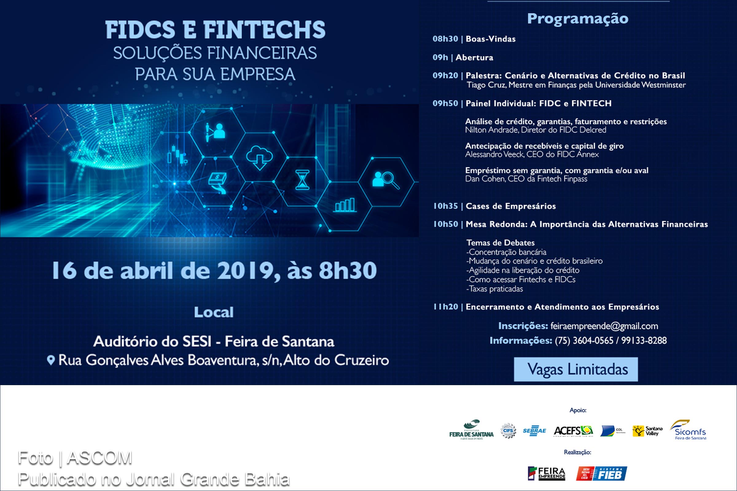 Cartaz anuncia evento ‘FIDCS e FINTECHS: soluções financeiras para empresas’. Evento ocorre em Feira de Santana.