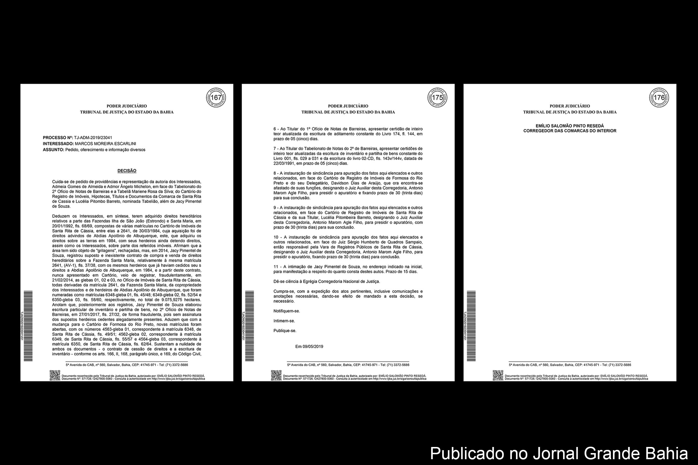 Páginas 1, 9 e 10 da decisão judicial do desembargador Salomão Resedá sobre conflito fundiário em Formosa do Rio Preto e Santa Rita de Cássia, prolatada em 9 de maio de 2019.