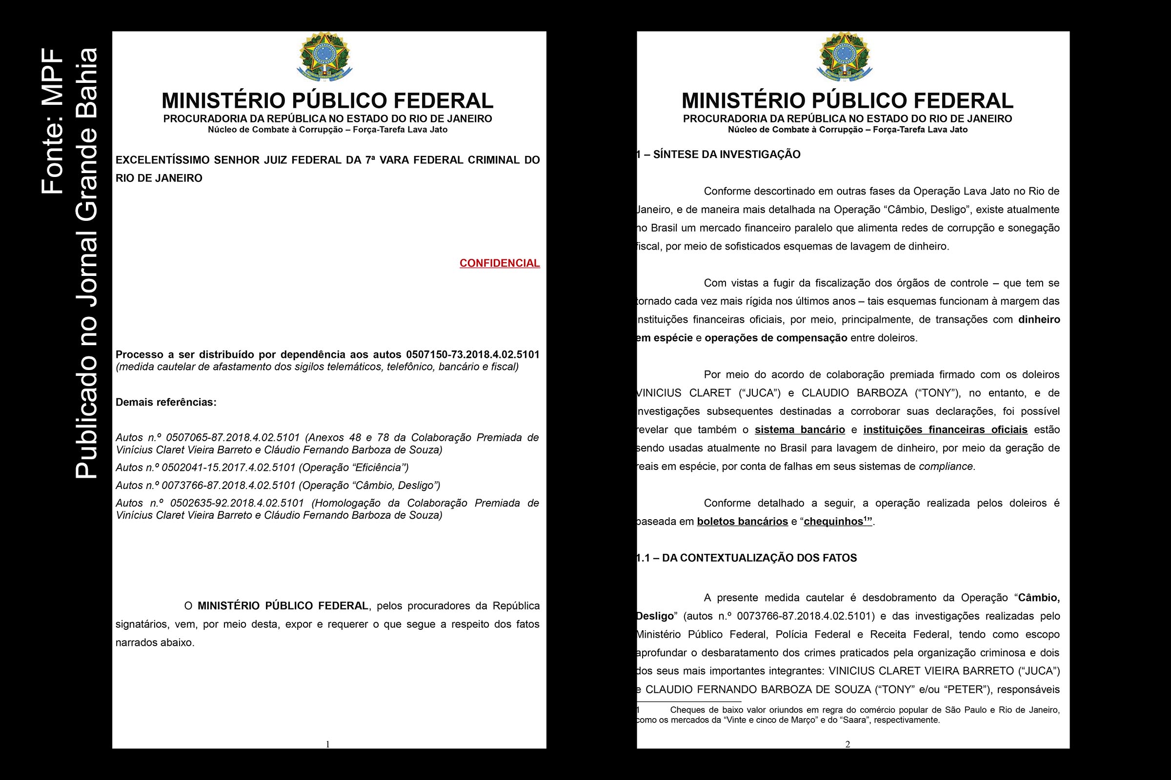 Páginas 2 e 2 do pedido de prisão formulado pelo MPF do Rio de Janeiro no âmbito da Operação 'Câmbio, Desligo'.