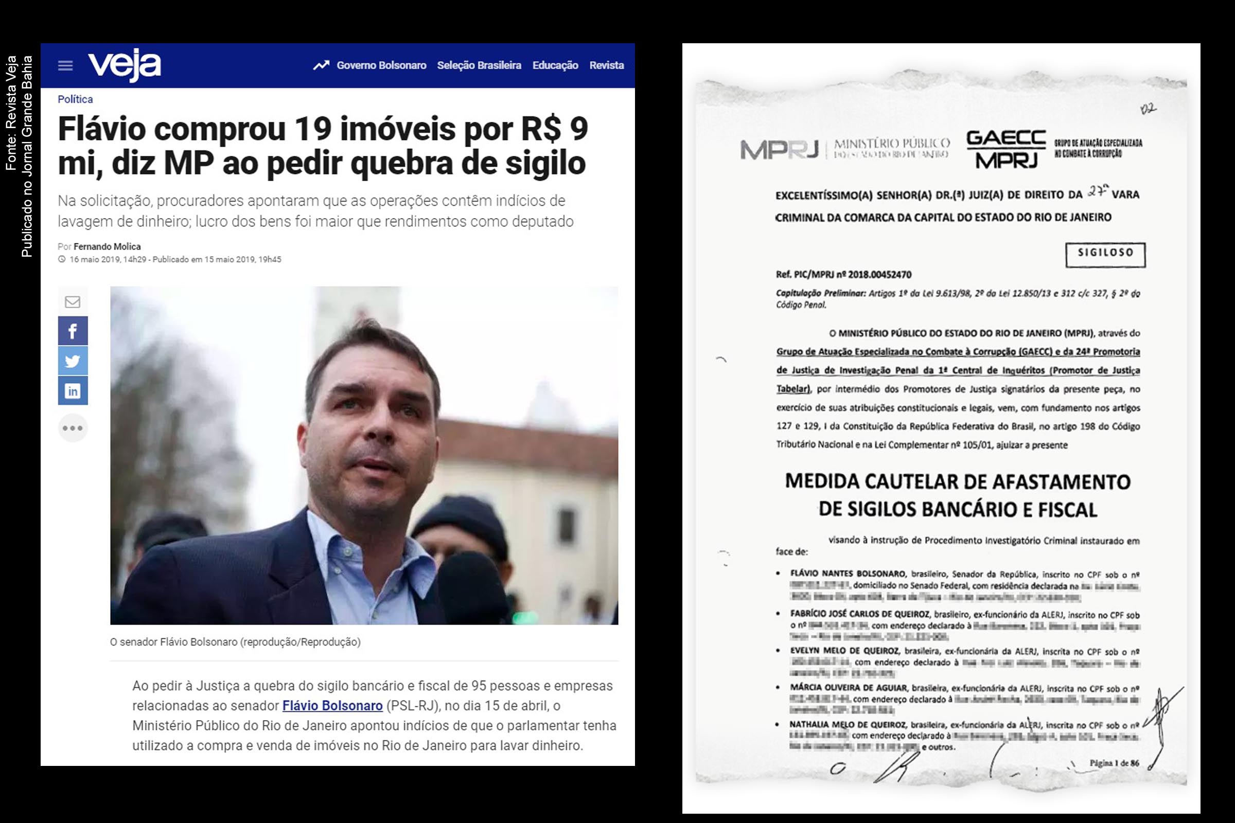 Reportagem da Revista Veja revela investigação do MP do Rio de Janeiro contra o senador Flávio Bolsonaro.