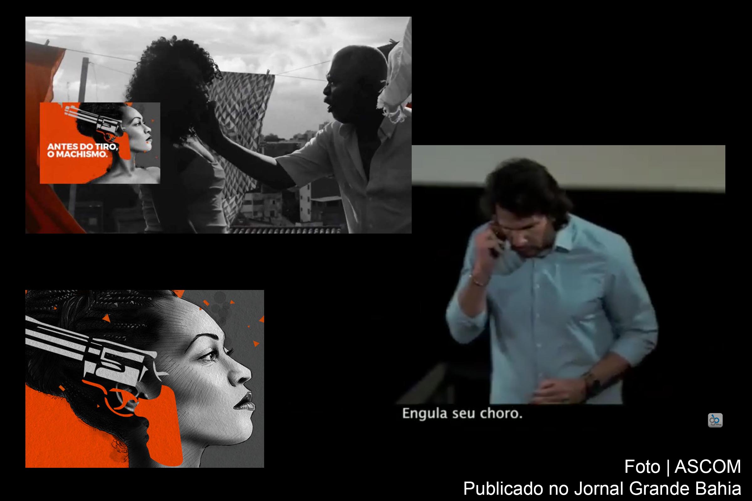 Em sala de cinema, homem bate-boca com filho sobre masculinidade. Campanha objetiva conscientizar sociedade a evitar atos de violência do cotidiano.