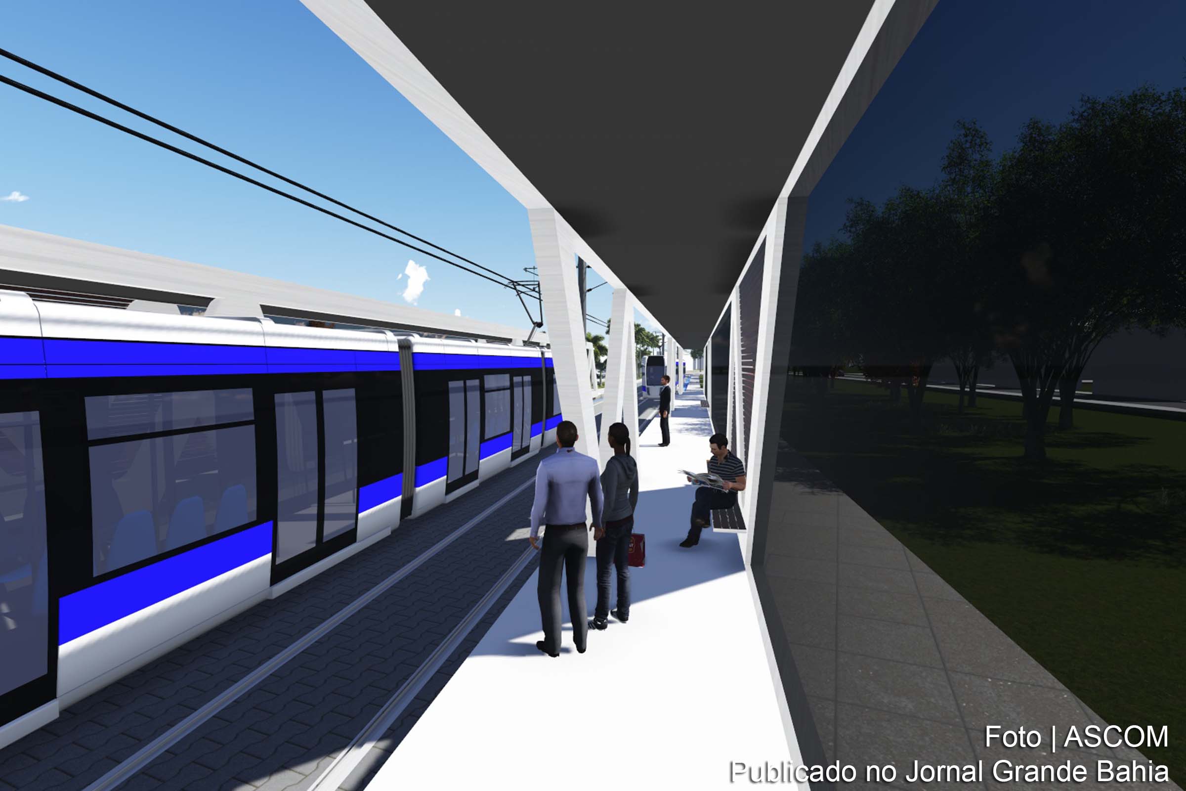 Ilustração gráfica do Veículo Leve sobre Trilhos (VLT de Salvador).