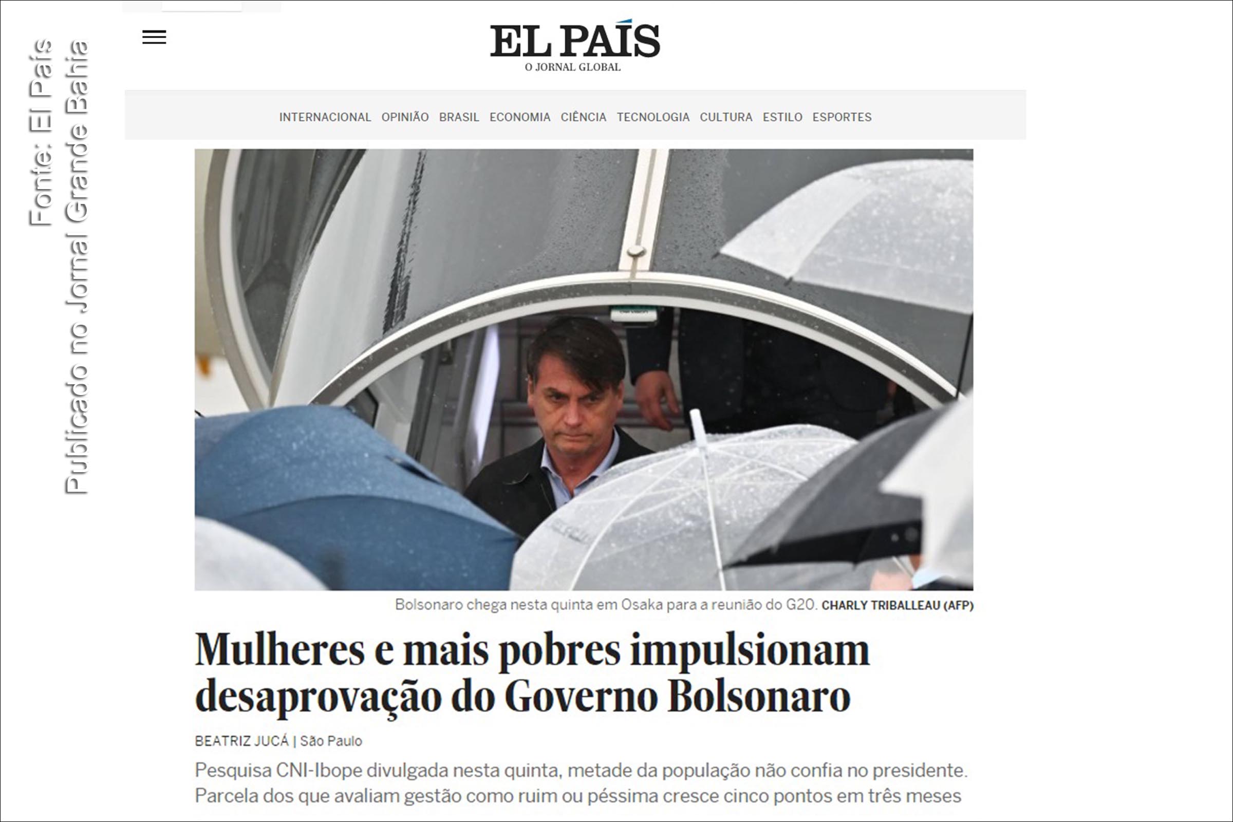 Jornal El País destaca reprovação do Governo Bolsonaro.