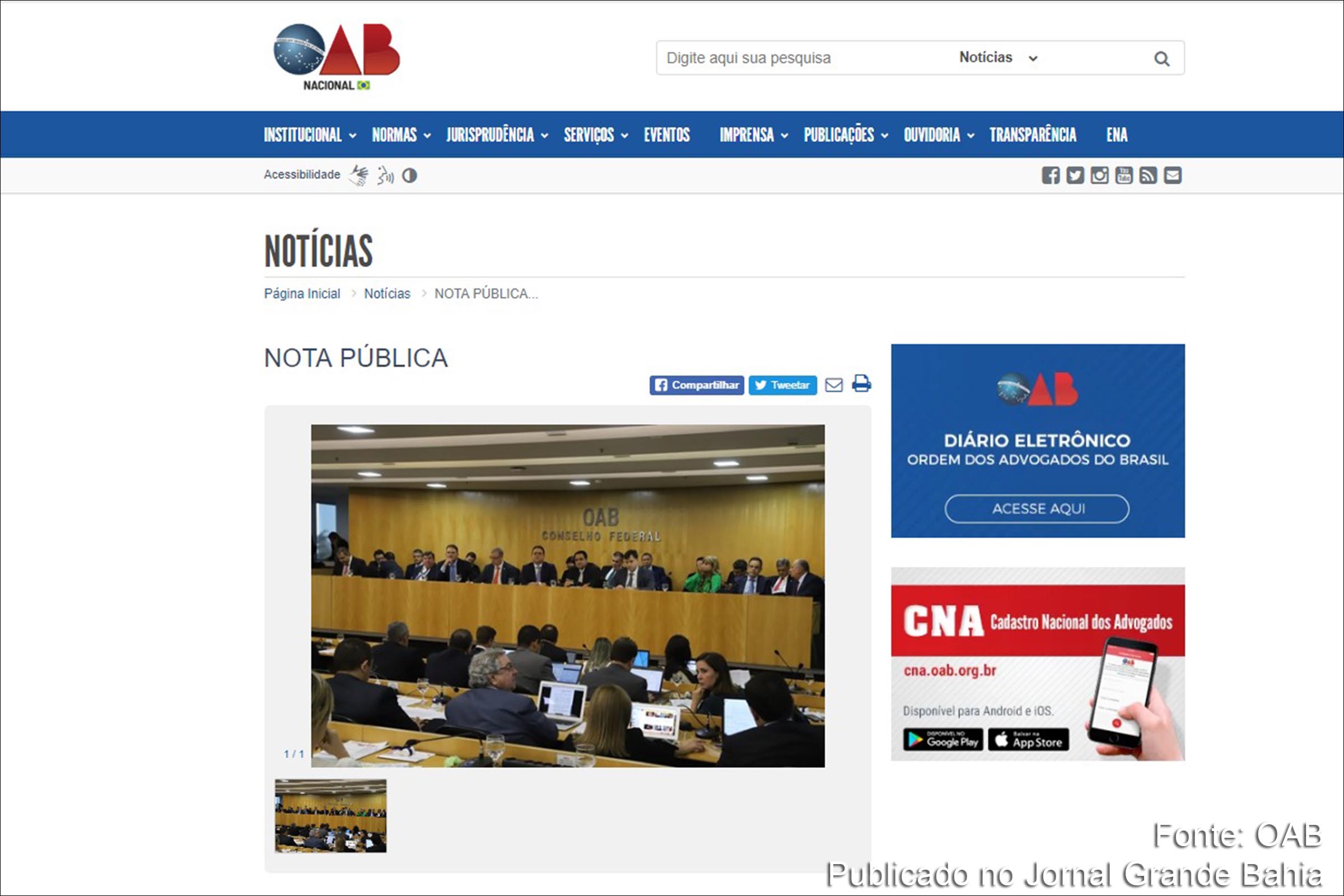 OAB emite nota sobre ‘As mensagens secretas da Lava Jato’, conjunto de reportagens do The Intercept que evidenciam possível conluio entre o então juiz Sérgio Moro e membros da força-tarefa do MPF.